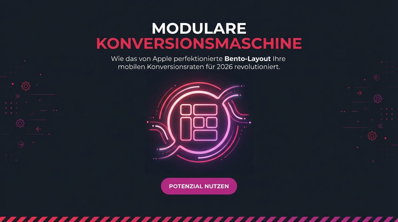 Grafik mit Text 'Modulare Konversionsmaschine' und einem leuchtenden Icon eines Bento Grid Layouts.