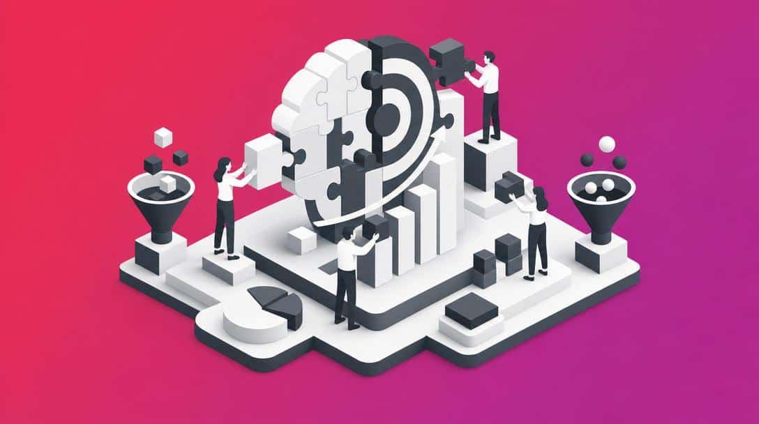 Digitale Marketingstrategie und Zielerreichung mit Datenanalyse Illustration von Menschen, die an einem Puzzle-Ziel und Diagrammen arbeiten, was eine datengesteuerte Marketingstrategie symbolisiert.