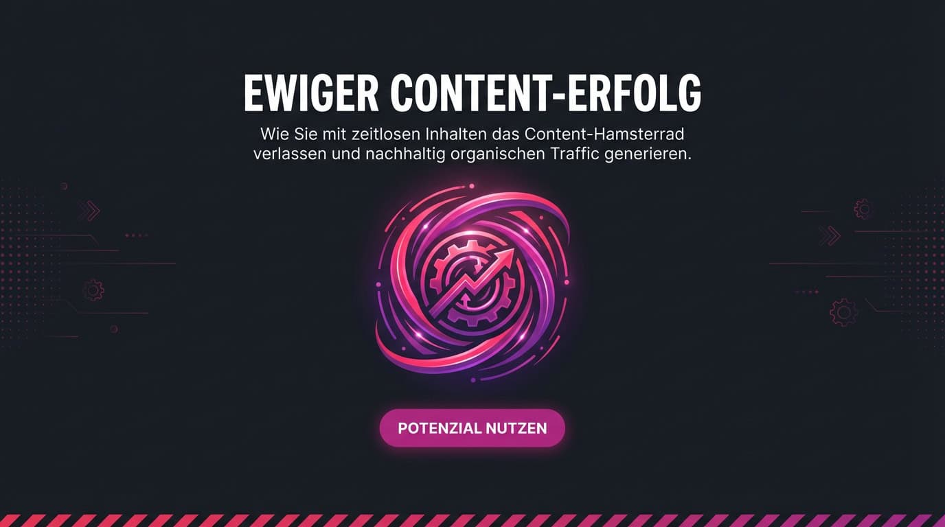 Grafik zum Thema Evergreen Content mit Zahnrad-Icon, Wachstumspfeil und dem Text „Ewiger Content-Erfolg“.