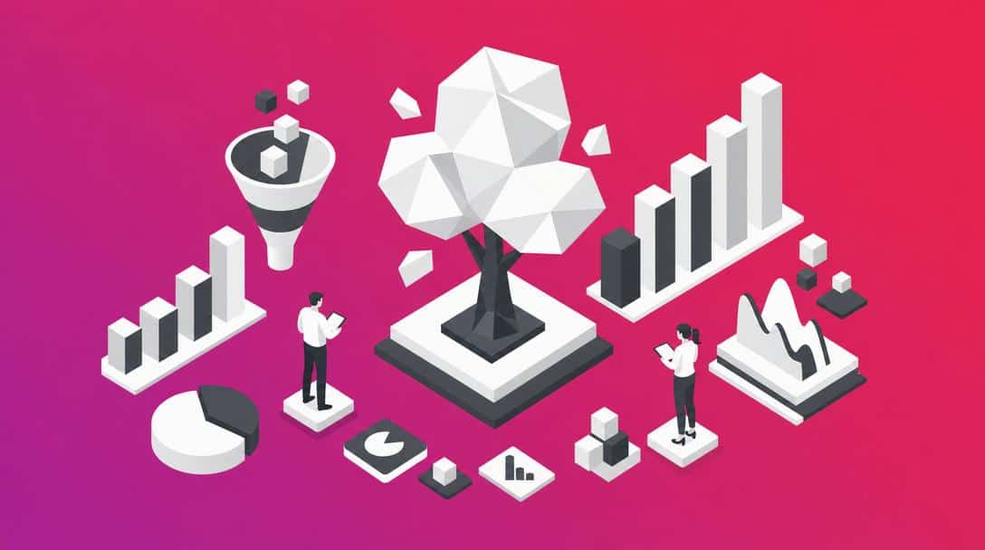 Illustration von Datenanalyse, Diagrammen und einer Trichter-Grafik, symbolisierend Evergreen Content Erstellung und SEO.