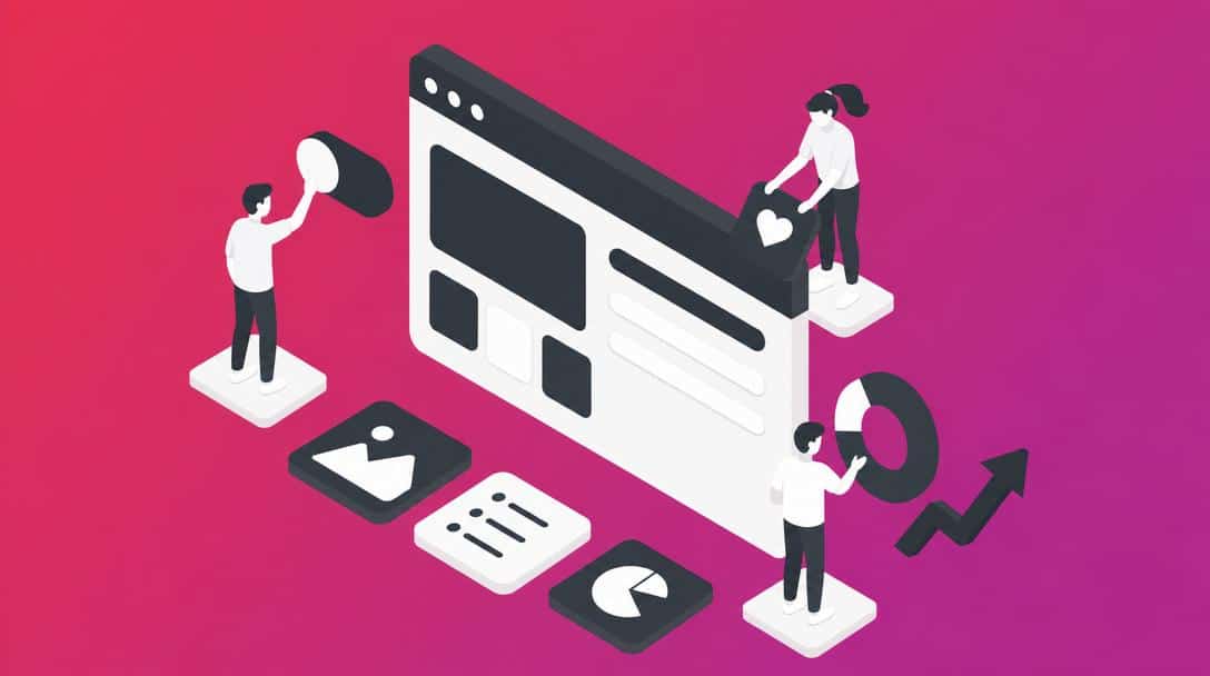 Illustration von Personen, die an einem Webseiten-Interface arbeiten, mit Icons für Bilder, Listen, Diagramme und Wachstum.