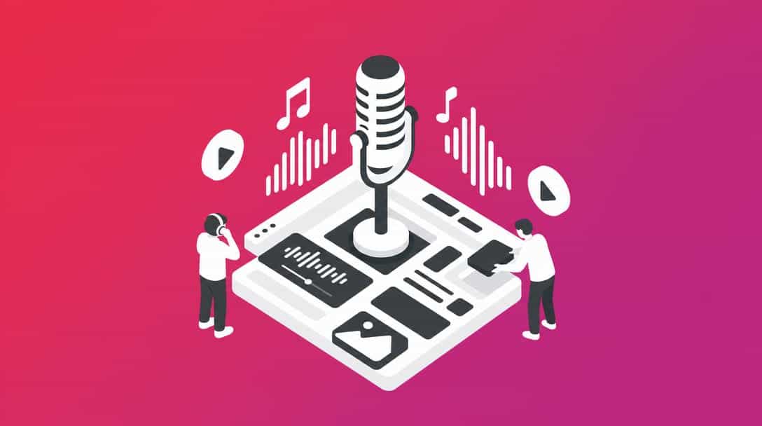 WordPress Radio Player Plugin Luna Radio Illustration eines Mikrofons auf einem Bildschirm mit Musiknoten, Wellenformen und zwei Personen, die interagieren, Symbol für ein Radio-Player-Plugin.