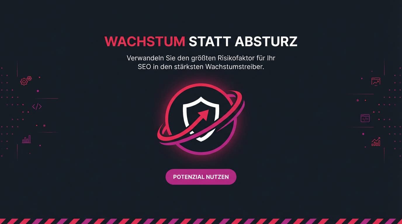 Symbolbild für sicheren Relaunch: Schutzschild mit Wachstumspfeil. Text: Wachstum statt Absturz.