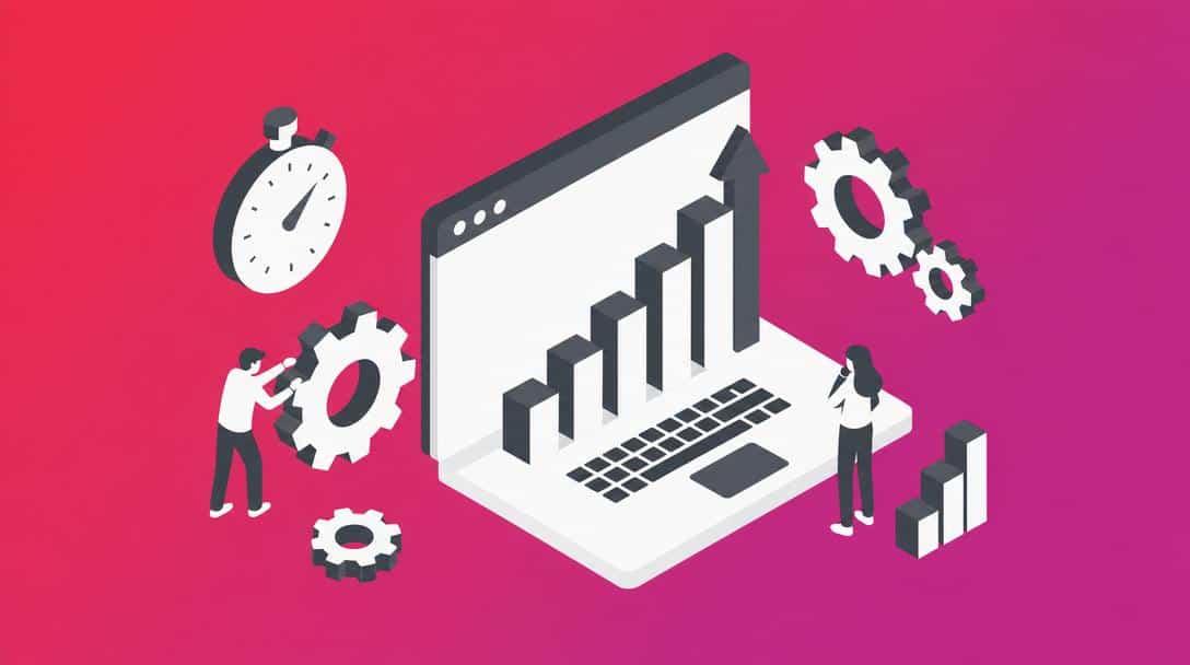 Website Performance Optimierung f r SEO und Wachstum Grafik mit Laptop, Balkendiagramm, Zahnrädern und Stoppuhr zur Darstellung von Website-Performance und Wachstum.