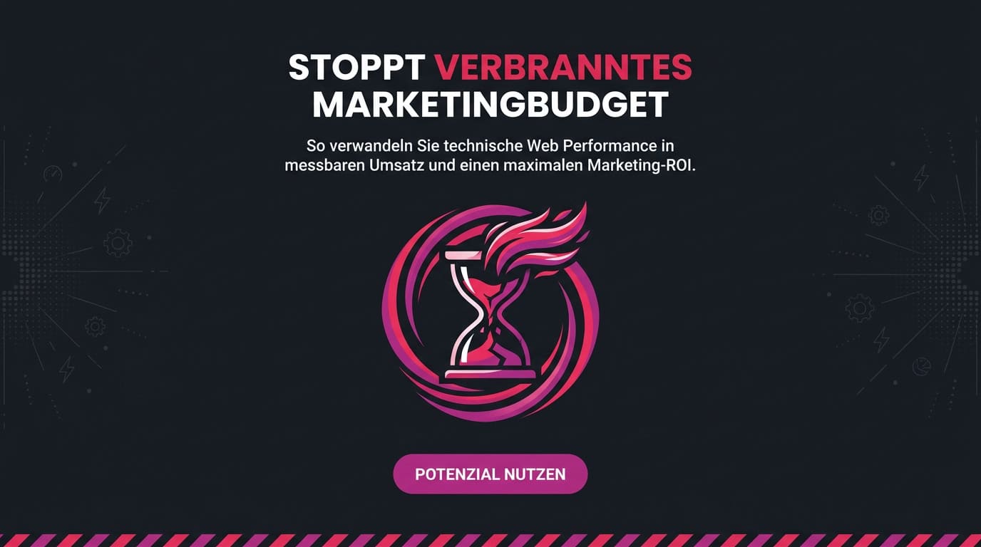 Banner: Stoppt verbranntes Marketingbudget. Eine brennende Sanduhr symbolisiert verlorene Zeit.