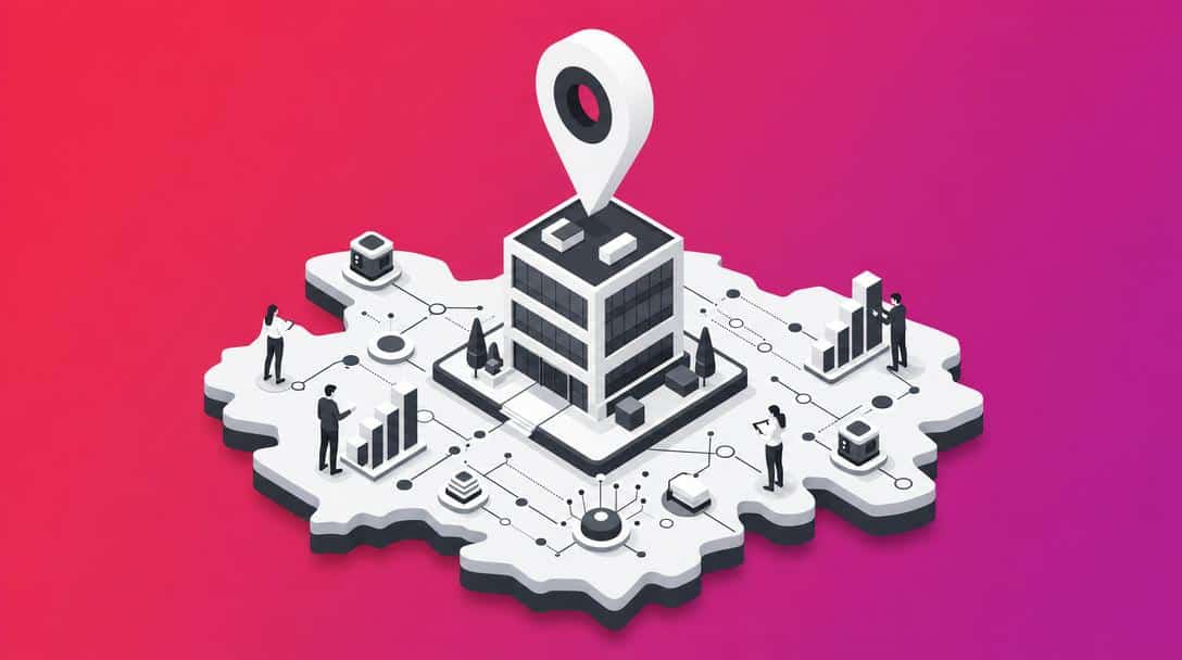 Regionale SEO: Mittelstand dominiert lokale Märkte mit KI Illustration eines stilisierte Karte mit einem Gebäude und einem Standort-Pin, verbunden durch ein Netzwerk, das regionale SEO und KI-gestützte Dominanz zeigt.
