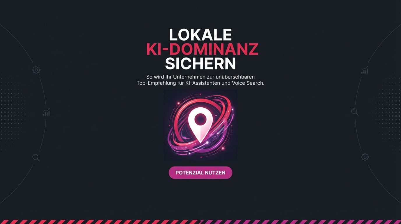 Grafik zur lokalen KI-Dominanz mit leuchtendem Standort-Symbol für Top-Empfehlungen bei Voice Search.