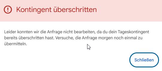 Screenshot der Fehlermeldung 'Kontingent überschritten' der Google Indexing API.
