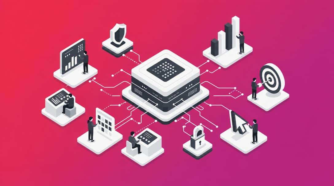 KI-Agenten-Architektur für Google Ads Illustration einer zentralen Datenverarbeitungseinheit, verbunden mit Symbolen für Analyse, Sicherheit, Zielerreichung und Benutzeroberflächen.
