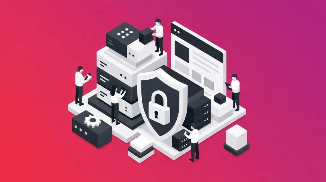 Cyber Resilience Act IT-Sicherheit und Compliance Illustration von Servern und einem Schild mit einem Schloss, das IT-Sicherheit und Compliance symbolisiert.