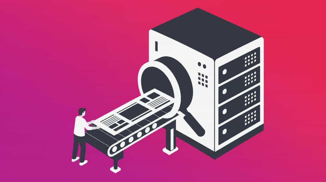 Googlebot durchsucht Inhalte auf einem Förderband Illustration: Googlebot durchsucht mit Lupe Inhalte, die auf einem Förderband zugeführt werden, Symbol für Indexierung und SEO.