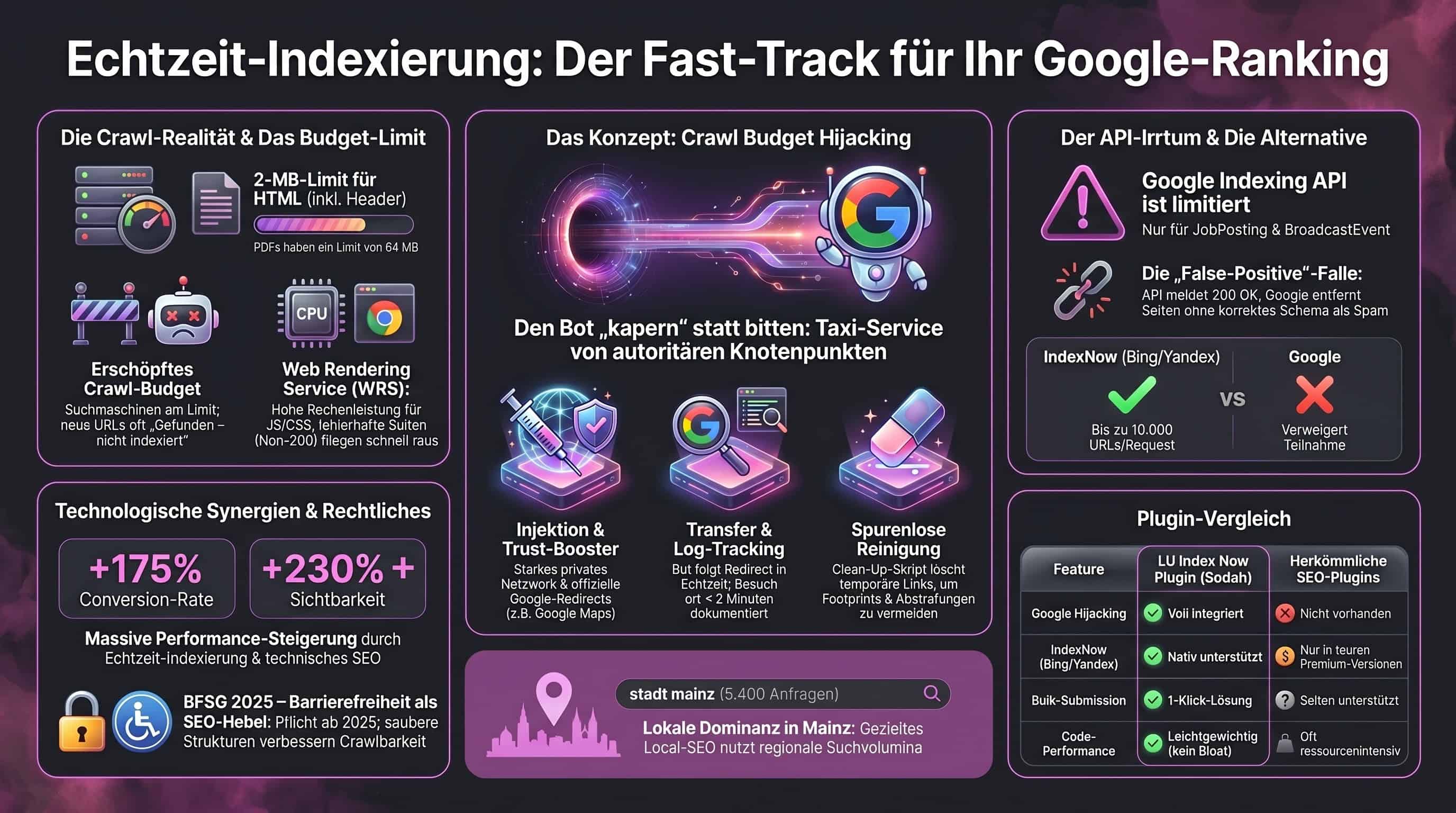 Infografik zur Echtzeit-Indexierung für schnelles SEO-Ranking Infografik erklärt SEO-Strategien zur Echtzeit-Indexierung wie Crawl Budget Hijacking und API-Alternativen.