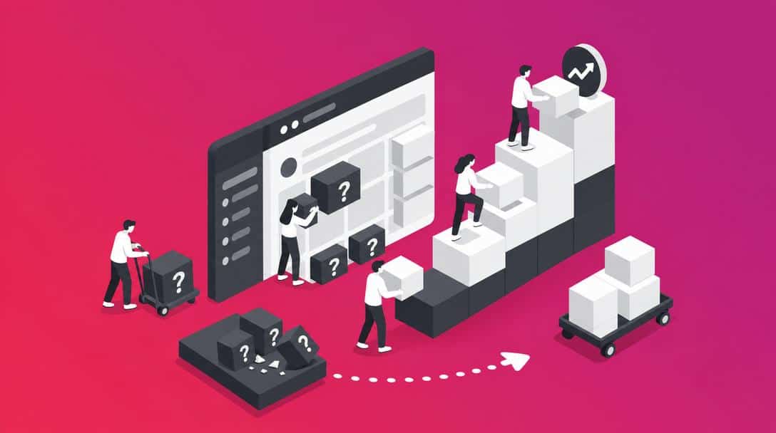 Aufbau von SEO-Strategien für generative KI Menschen bauen stufenweise eine Struktur aus Blöcken auf, während andere Blöcke transportieren, die mit Fragezeichen versehen sind.