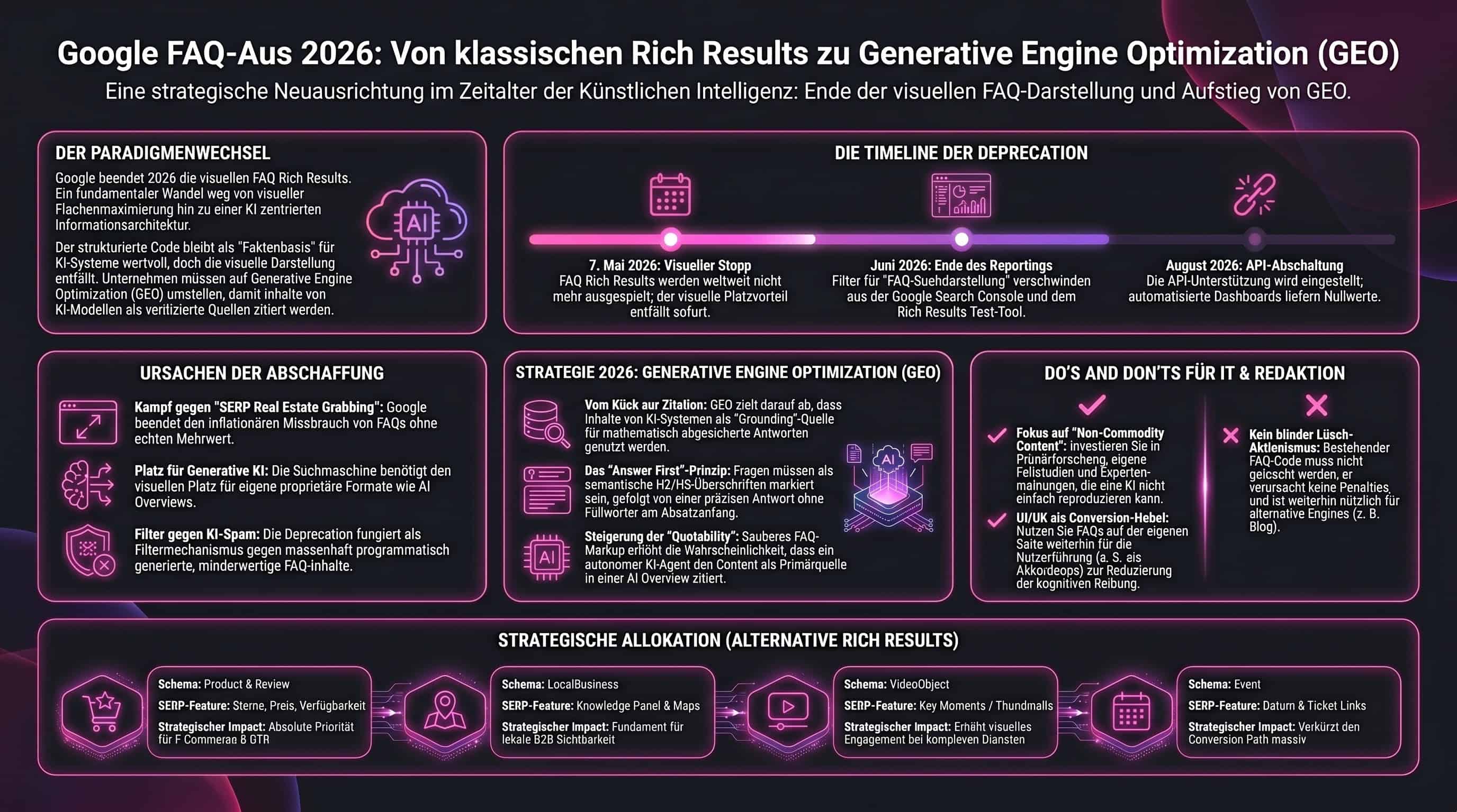Infografik zum Google FAQ-Aus 2026 mit Timeline, Ursachen, GEO-Strategien und Alternativen.
