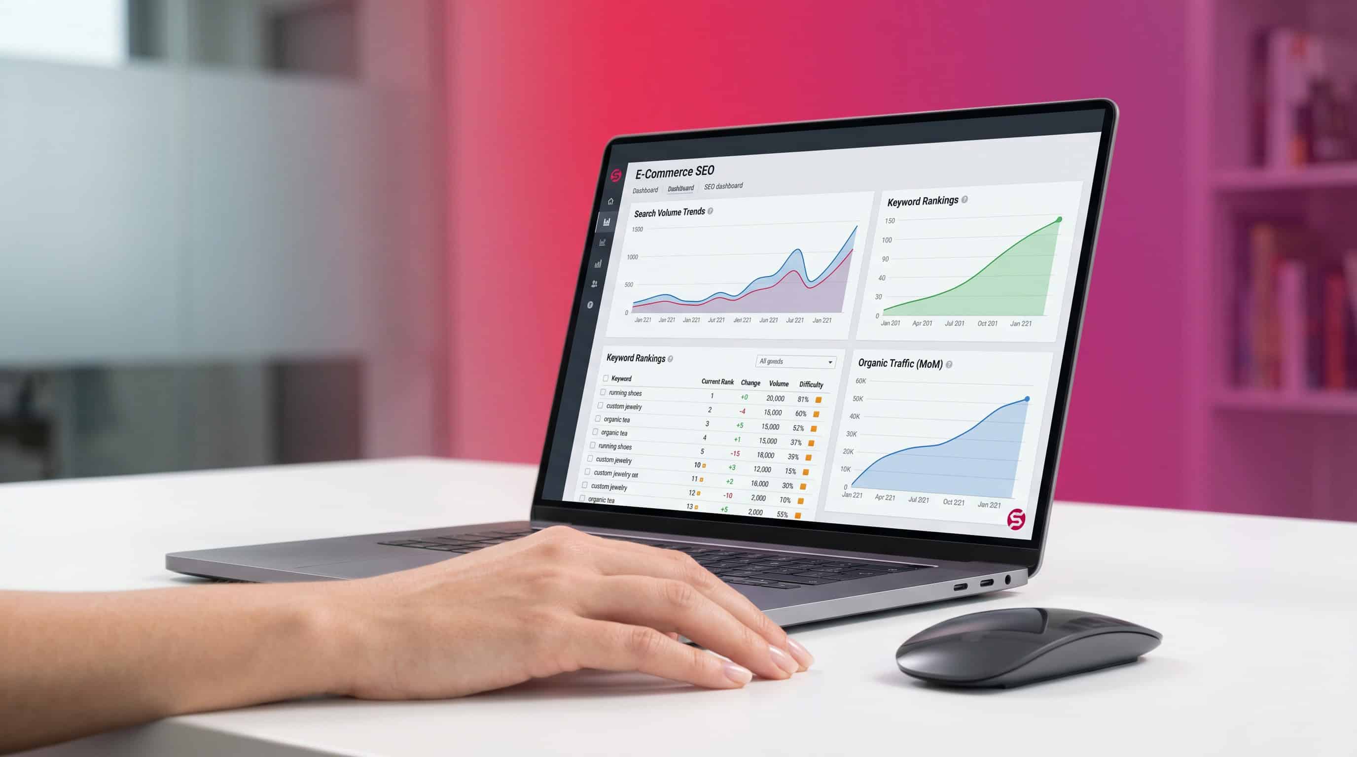 Hand am Laptop, der ein Dashboard mit positiven E-Commerce SEO-Analyse-Daten und Graphen anzeigt.