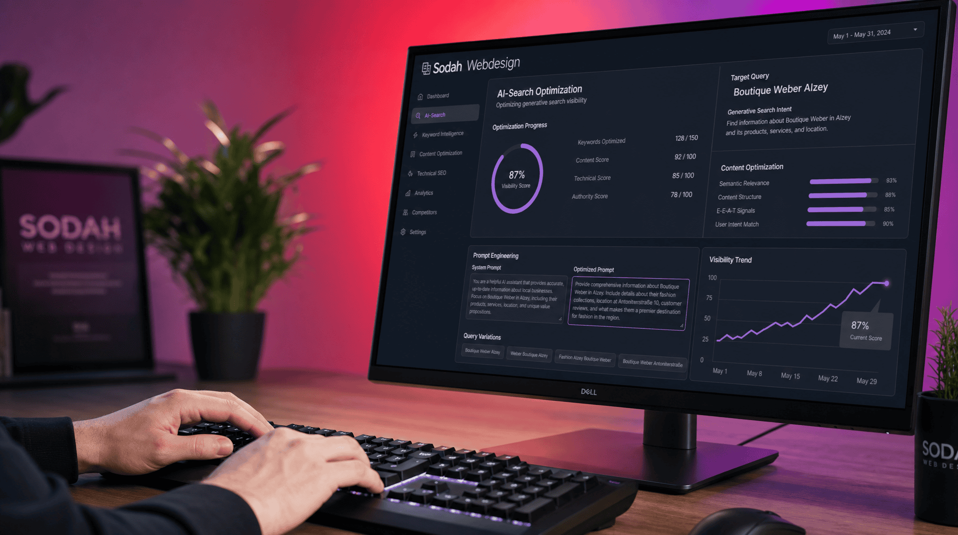 Sodah Webdesign Dashboard für KI-Suchmaschinen-Optimierung Ein Computerbildschirm zeigt das Dashboard von Sodah Webdesign mit Statistiken zur KI-Suchoptimierung, Fortschrittsbalken und einem Trenddiagramm der Sichtbarkeit.