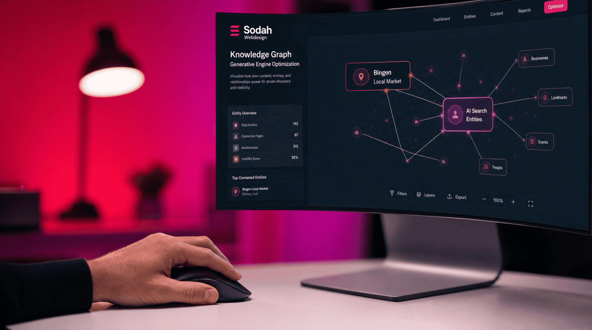 GEO Agentur Bingen: Knowledge Graph für KI-Sichtbarkeit Darstellung eines Knowledge Graphs zur Visualisierung von Content, Entitäten und Beziehungen für KI-Suchmaschinenoptimierung in Bingen.