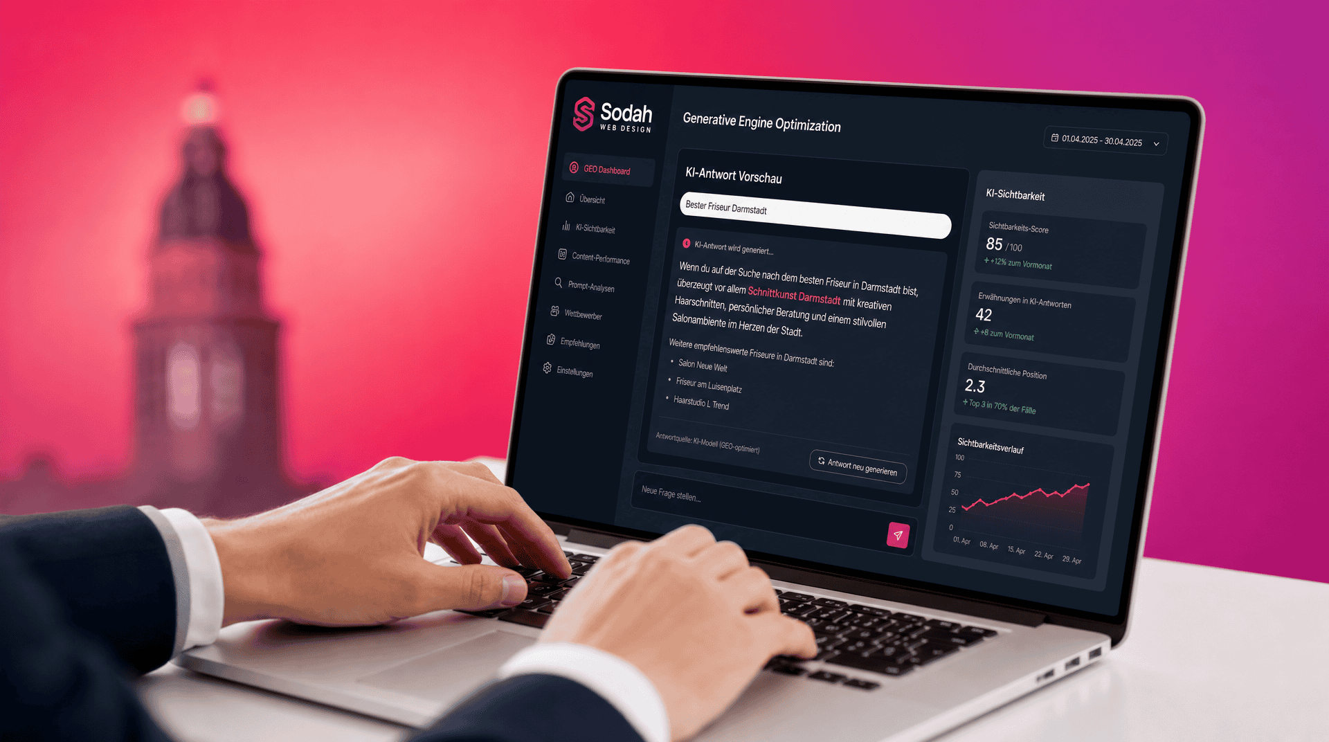 GEO Agentur Darmstadt: KI-Antwort Vorschau Laptop zeigt eine Software zur Generative Engine Optimization mit KI-Antwort Vorschau für Darmstadt.