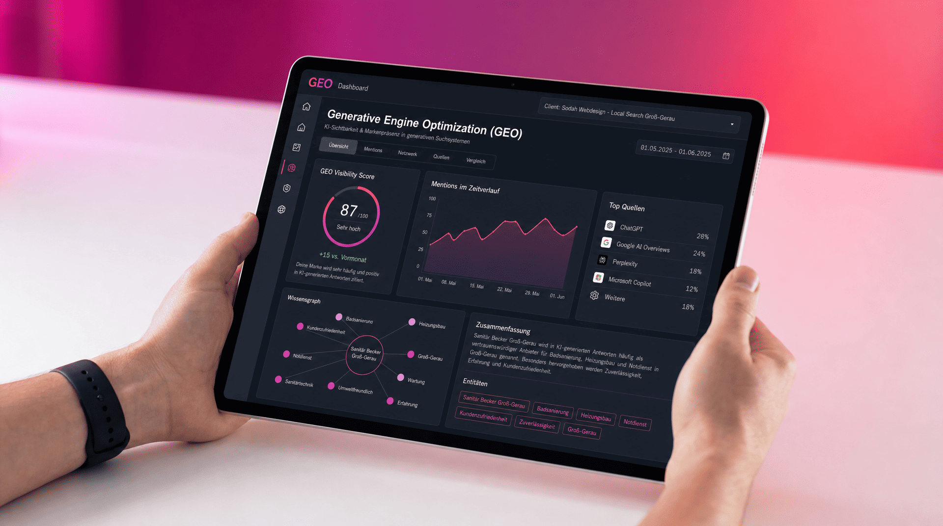GEO Dashboard für generative Suchmaschinenoptimierung Tablet mit GEO Dashboard Anzeige für generative Suchmaschinenoptimierung, zeigt GEO Visibility Score, Mentions im Zeitverlauf und Top Fragen.
