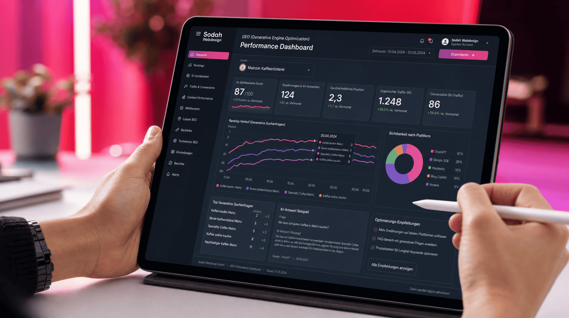 GEO Performance Dashboard der Sodah Webdesign Agentur Mainz Dashboard einer Tablet-Anzeige mit GEO-Performance-Daten, Ranglisten und Optimierungsvorschlägen für ein Mainzer Unternehmen.