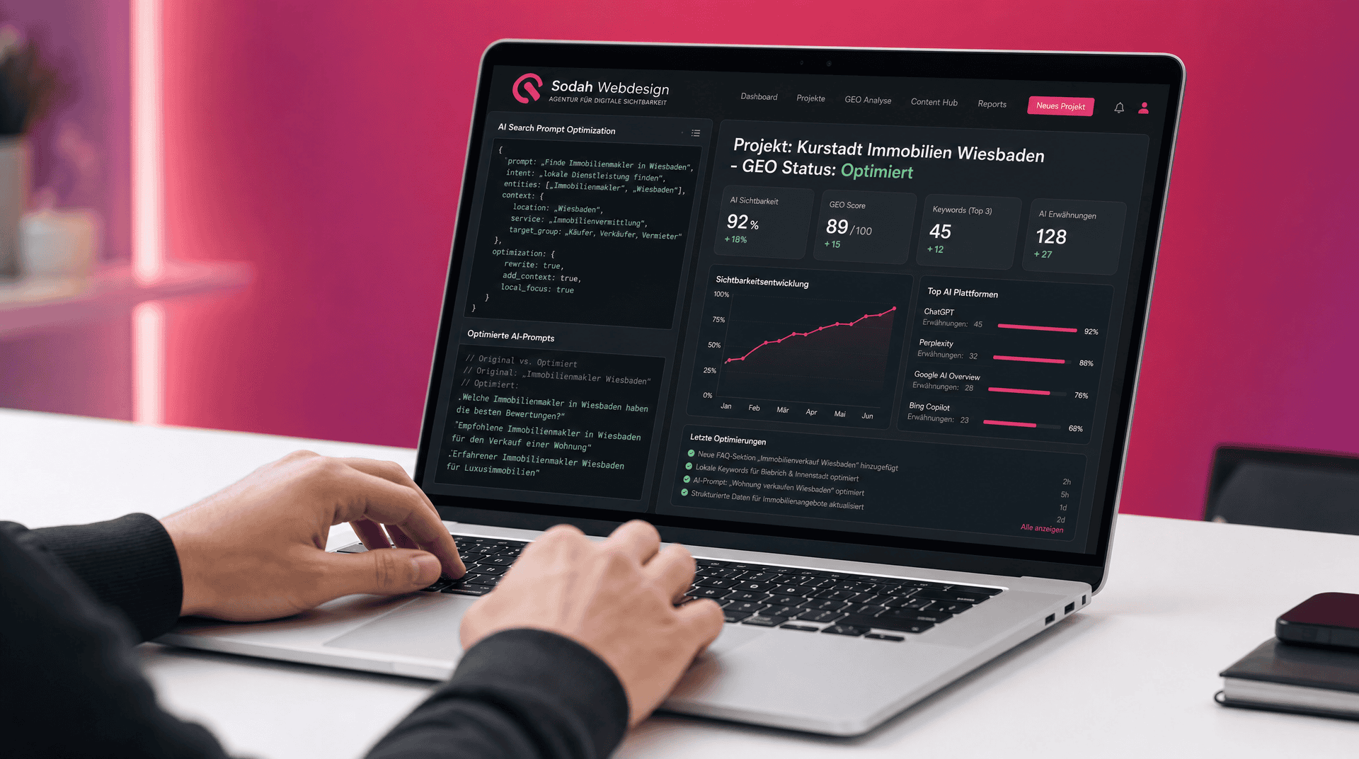 GEO Agentur Wiesbaden KI-Sichtbarkeit Dashboard Laptop mit einem Dashboard zur GEO Optimierung für Immobilien in Wiesbaden, zeigt KI-Sichtbarkeit und SEO-Daten.