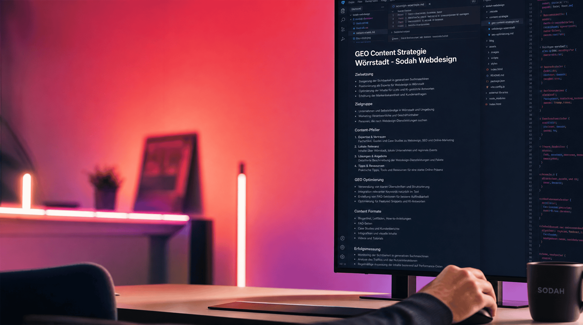 GEO Content Strategie Wörrstadt – Sodah Webdesign Monitor zeigt eine GEO Content Strategie für Wörrstadt von Sodah Webdesign mit SEO-Punkten, Zielgruppen und Content-Formaten.