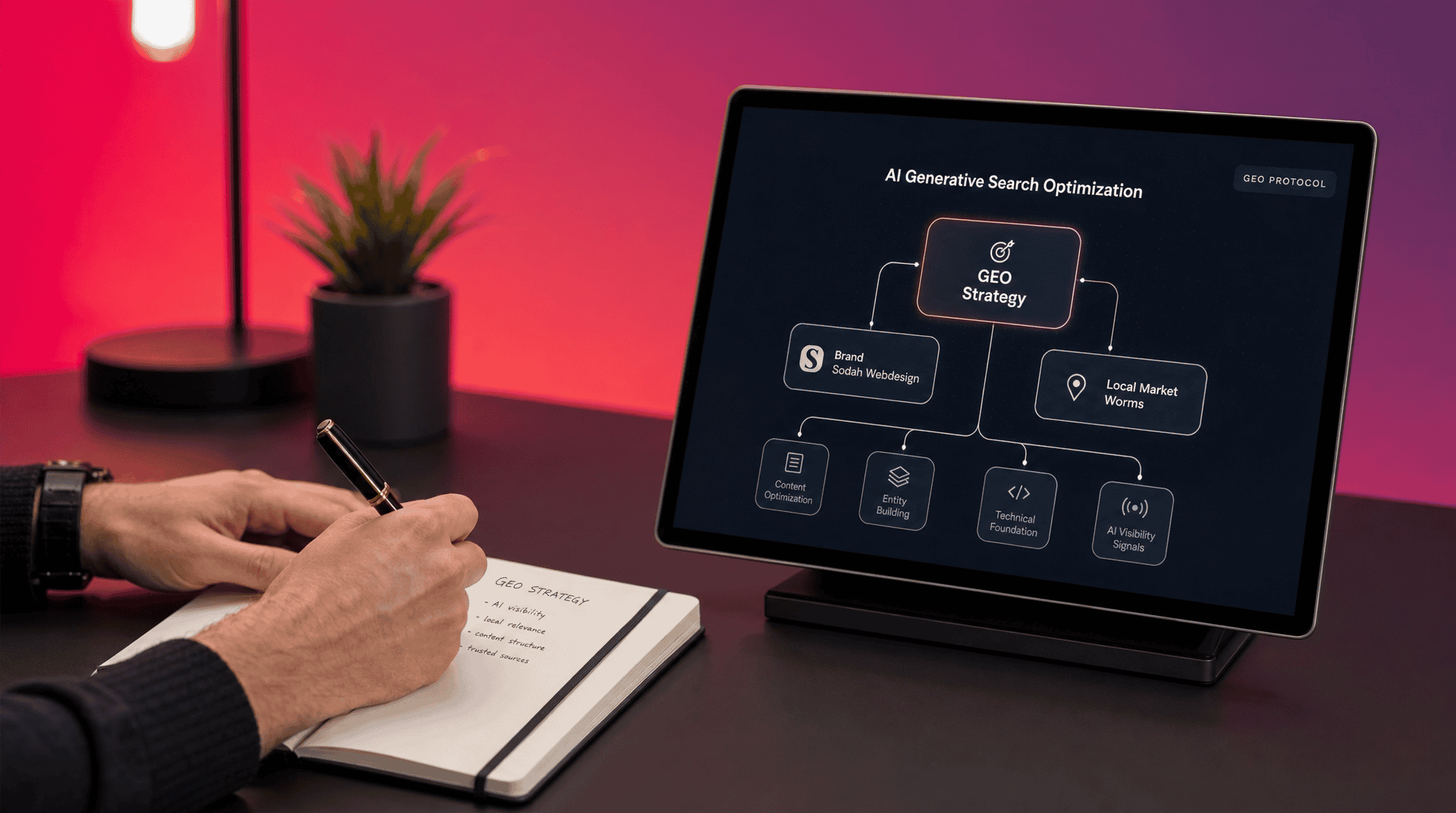 KI Generative Search Optimization GEO Strategie Diagramm zur KI Generative Search Optimization mit GEO Strategie, Brand Soda Webdesign und Local Market Worms.