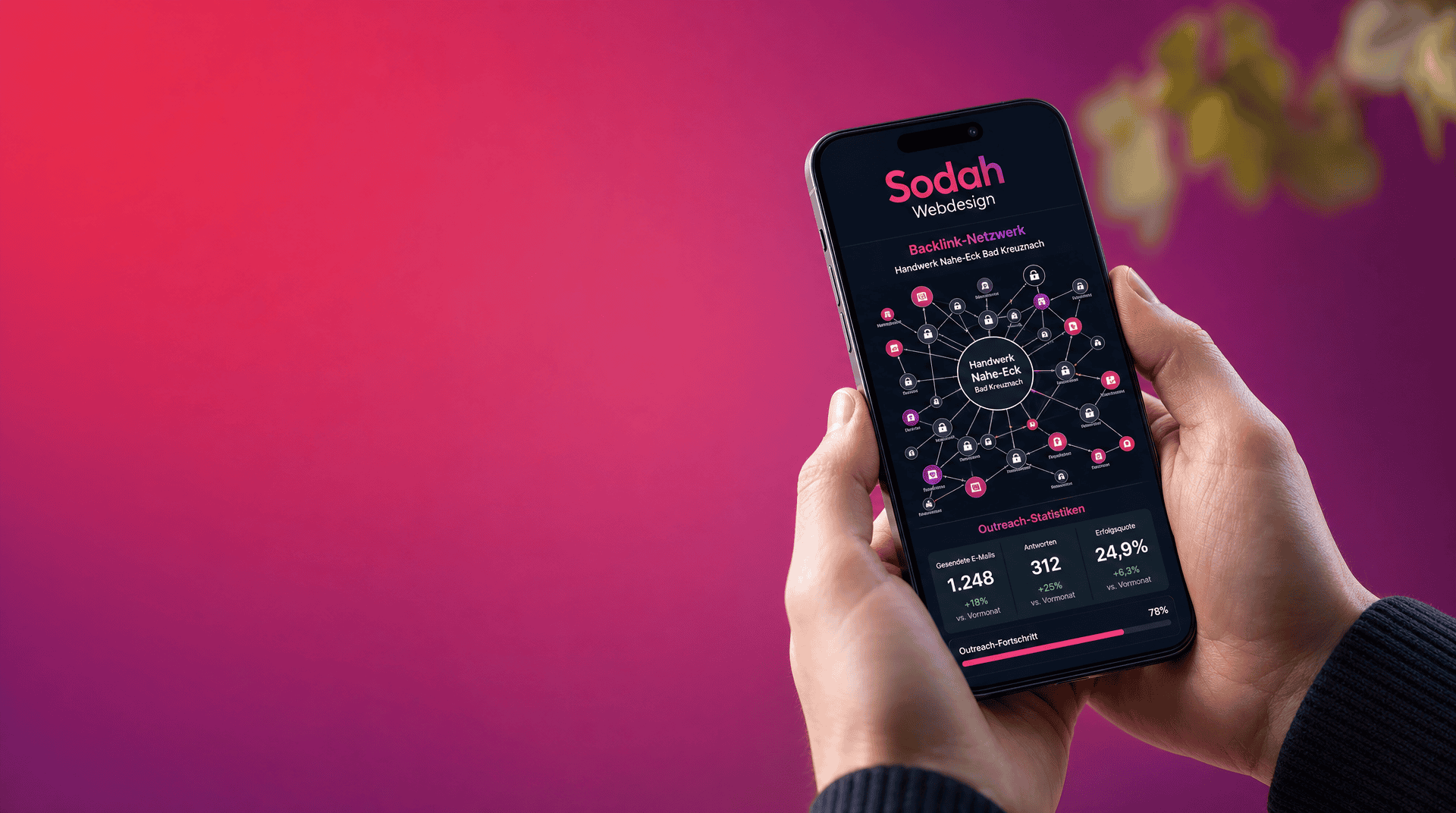 SEO Agentur Bad Kreuznach: Backlink-Netzwerk auf Smartphone Smartphone mit Visualisierung eines Backlink-Netzwerks für Handwerk in Bad Kreuznach und Outreach-Statistiken.