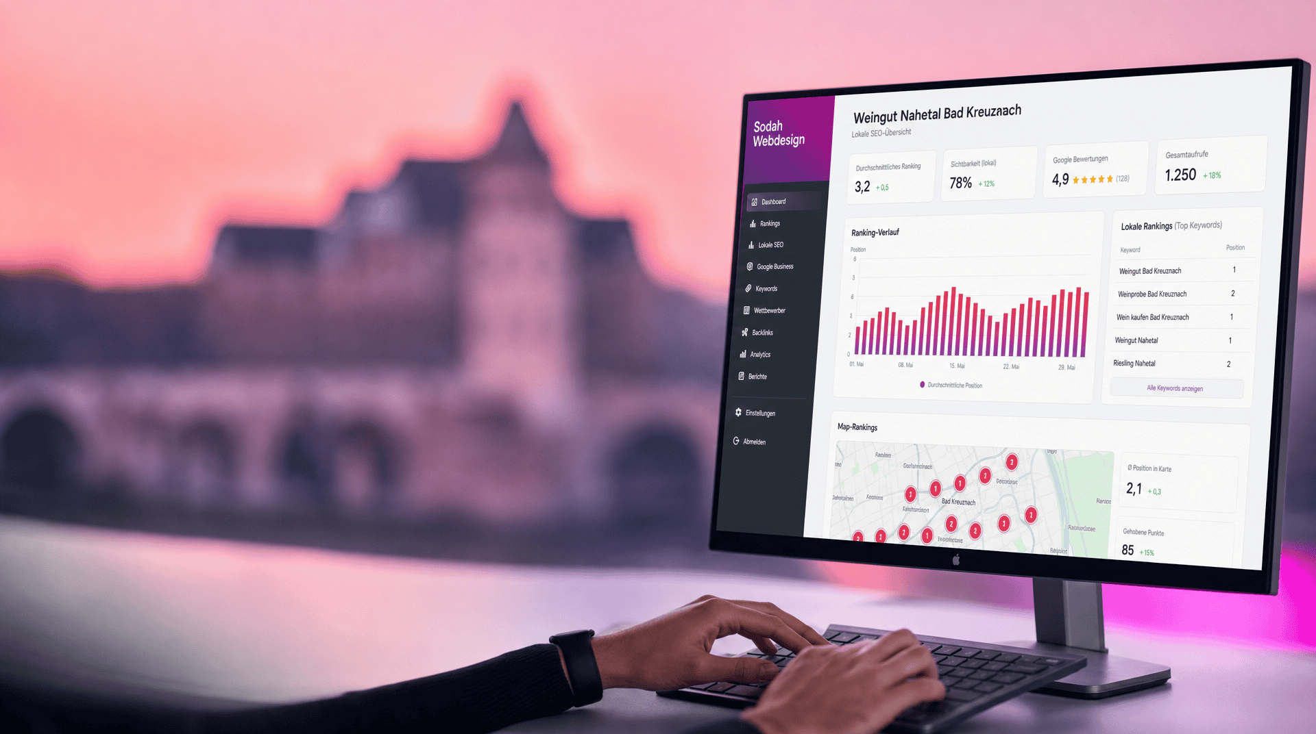 Screenshot eines SEO Dashboards mit Analysen zu lokalen Rankings, Google Bewertungen und Suchmaschinenoptimierung für ein Weingut in Bad Kreuznach.