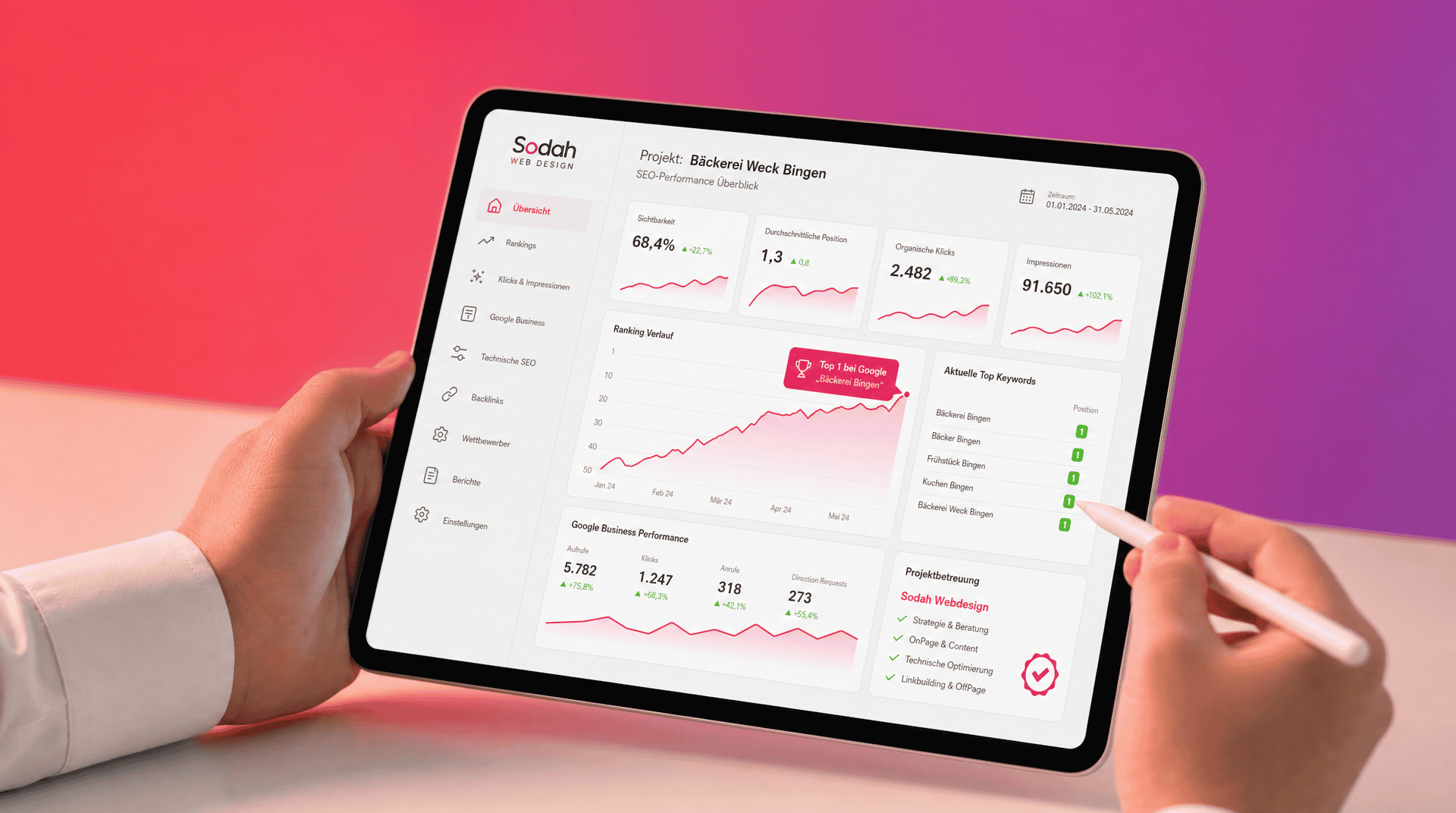 SEO Performance Bingen Bäckerei Weck Übersicht Tablet zeigt SEO-Performance-Übersicht für Bäckerei Weck Bingen mit Rankings, Klicks und Impressionen.