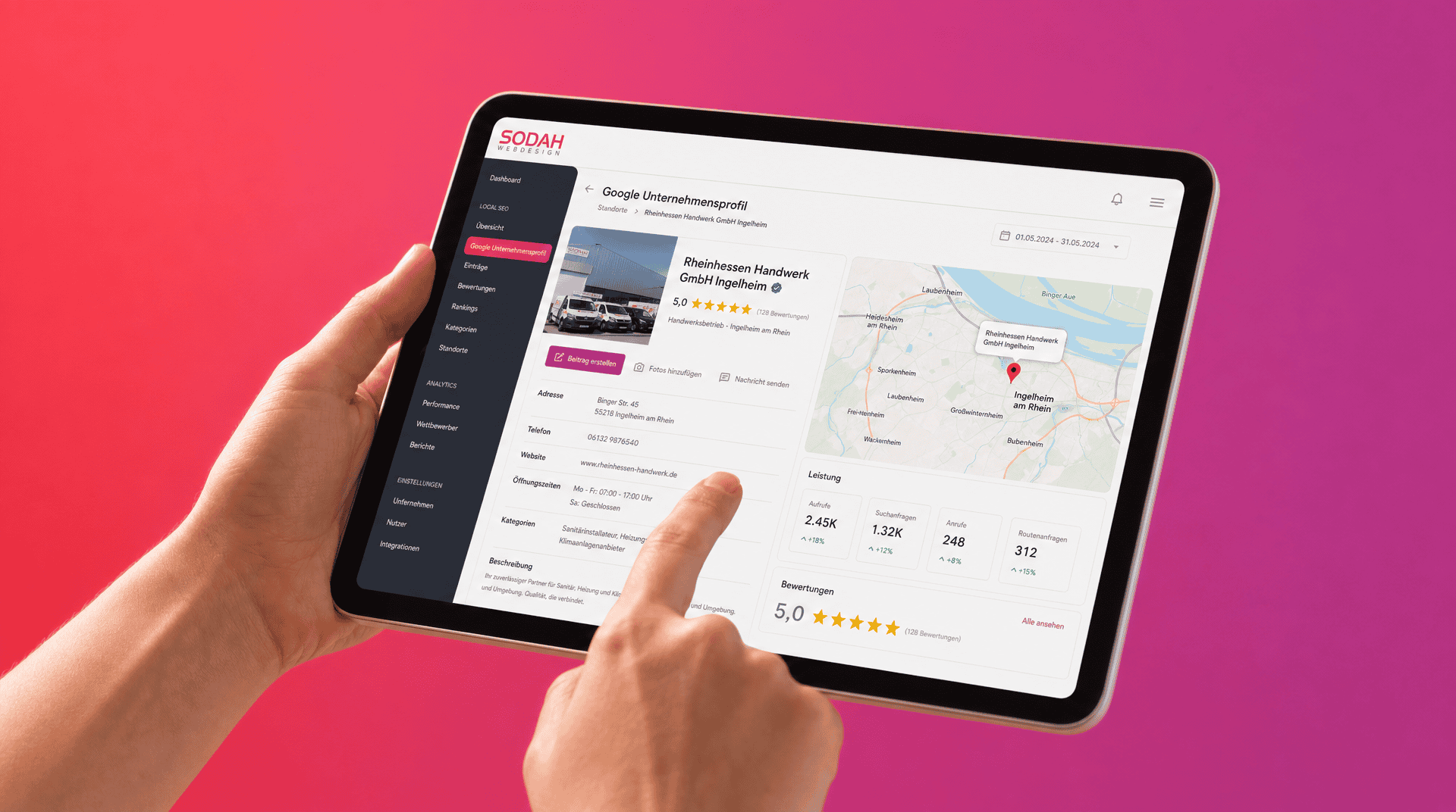 Google Unternehmensprofil Analyse Tablet Tablet zeigt Analyse eines Google Unternehmensprofils für Rheinhessen Handwerk GmbH Ingelheim am Rhein mit Statistiken und Karte.