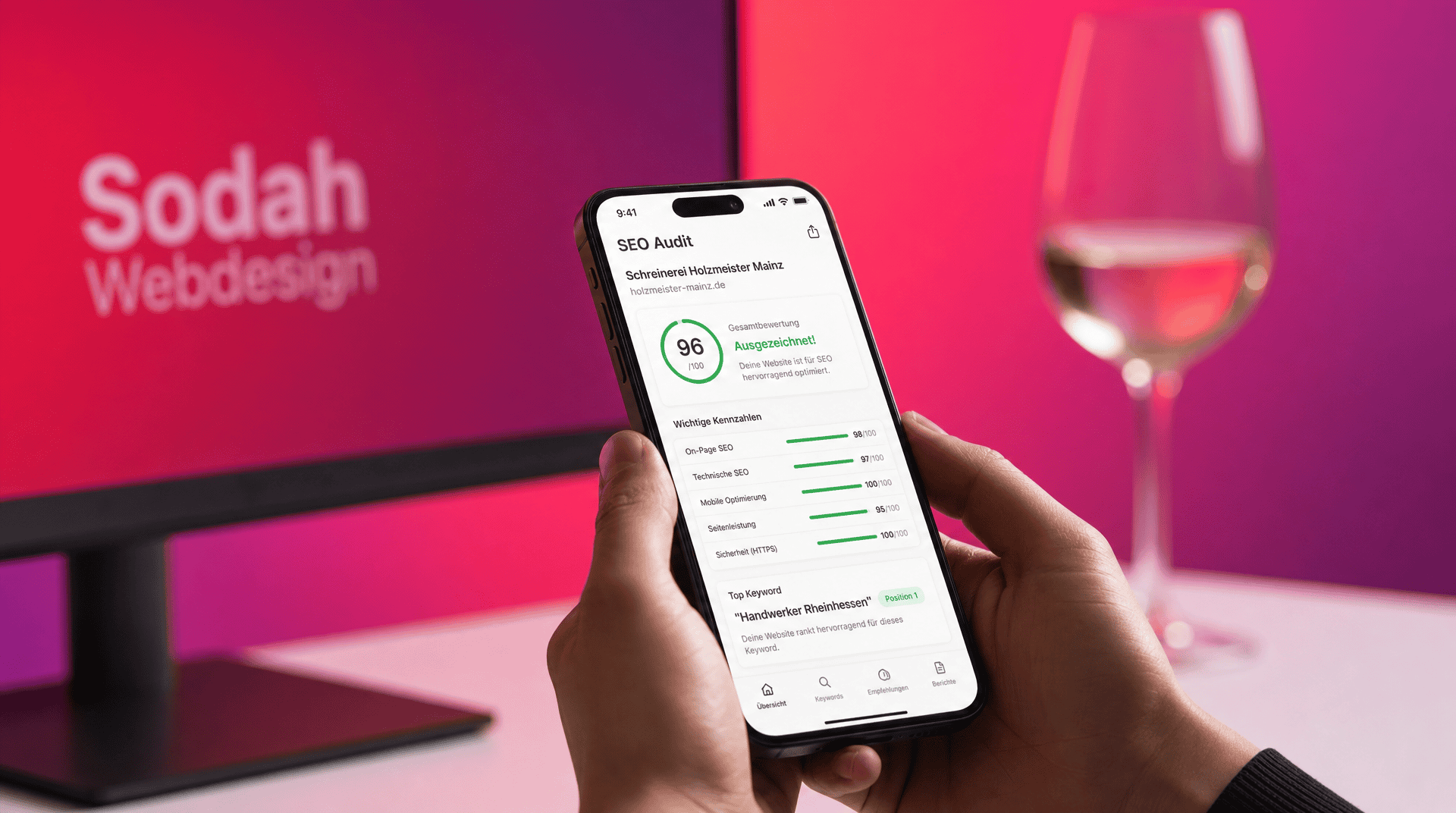 Person hält Smartphone mit einer SEO Audit Übersicht von Sodah Webdesign, die eine hohe Bewertung anzeigt.