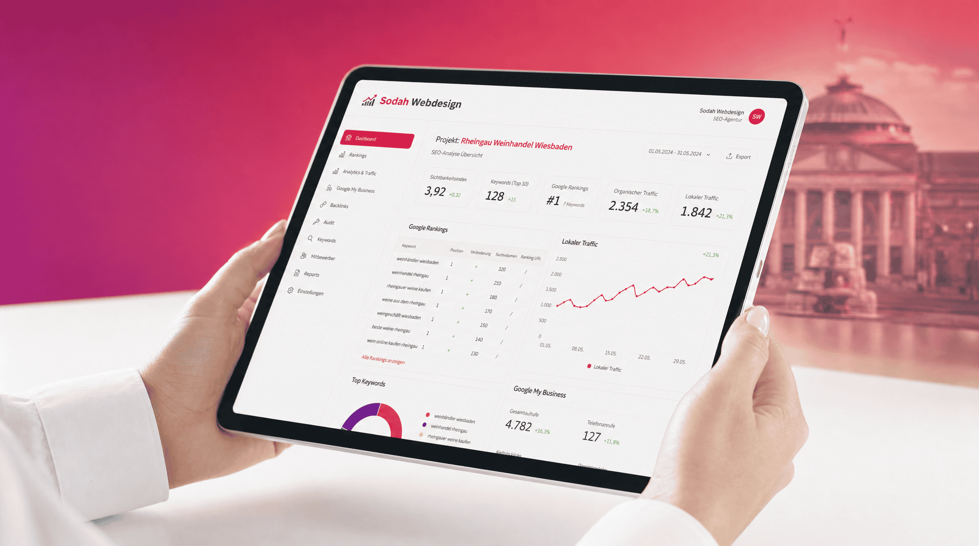 SEO Analyse Dashboard für Weinhandel Wiesbaden Tablet mit SEO Analyse Dashboard für Weinhandel Wiesbaden, zeigt lokale Suchbegriffe und organisches Trafficwachstum.