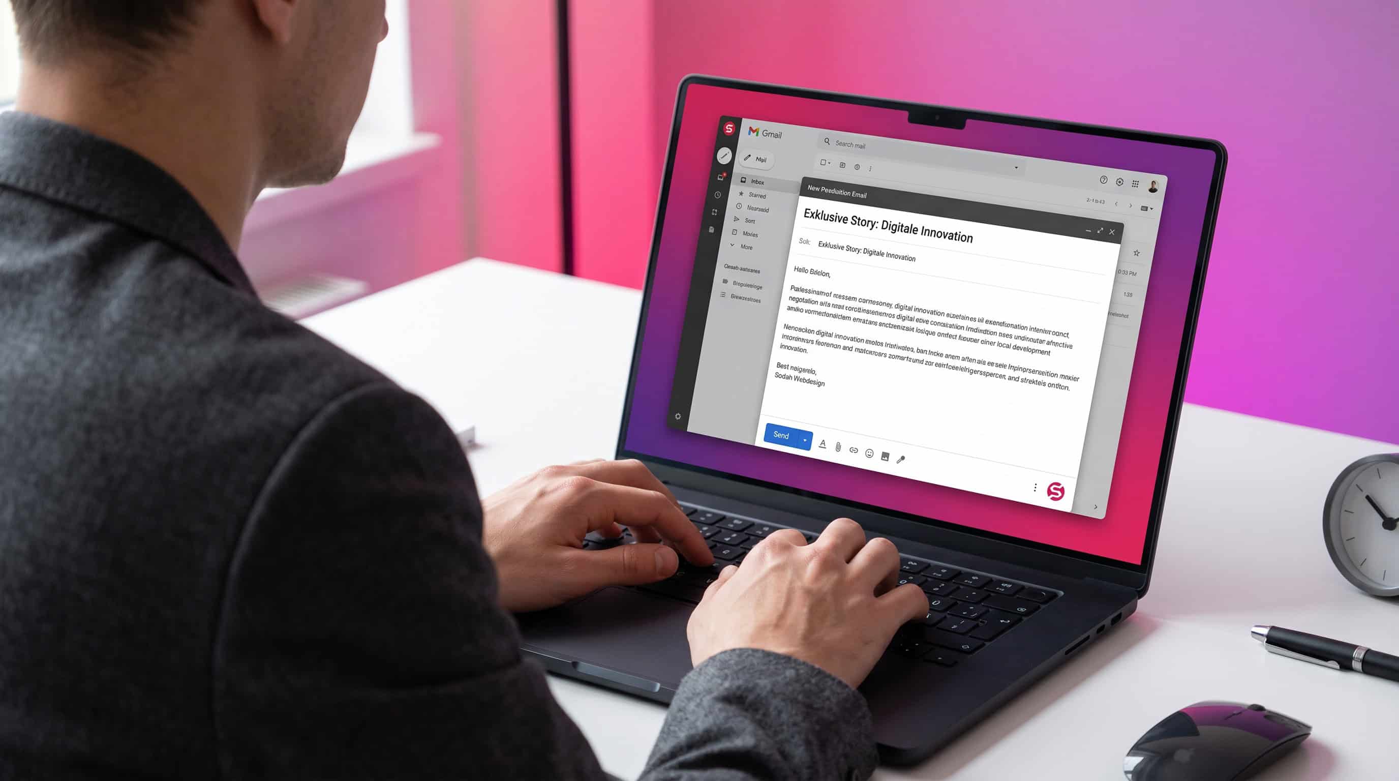 Ein PR-Manager verfasst eine Pressemitteilung zum Thema digitale Innovation auf einem Laptop.