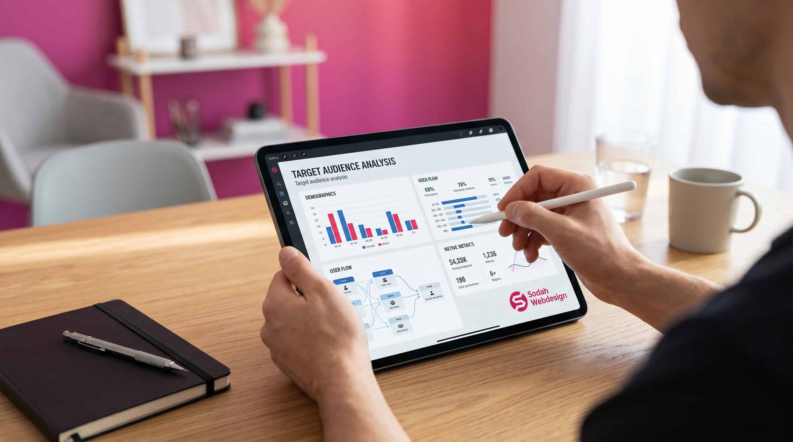 Strategisches Content Marketing mit Zielgruppenanalyse Ein Experte analysiert auf einem Tablet eine Zielgruppenanalyse für eine Content-Strategie.