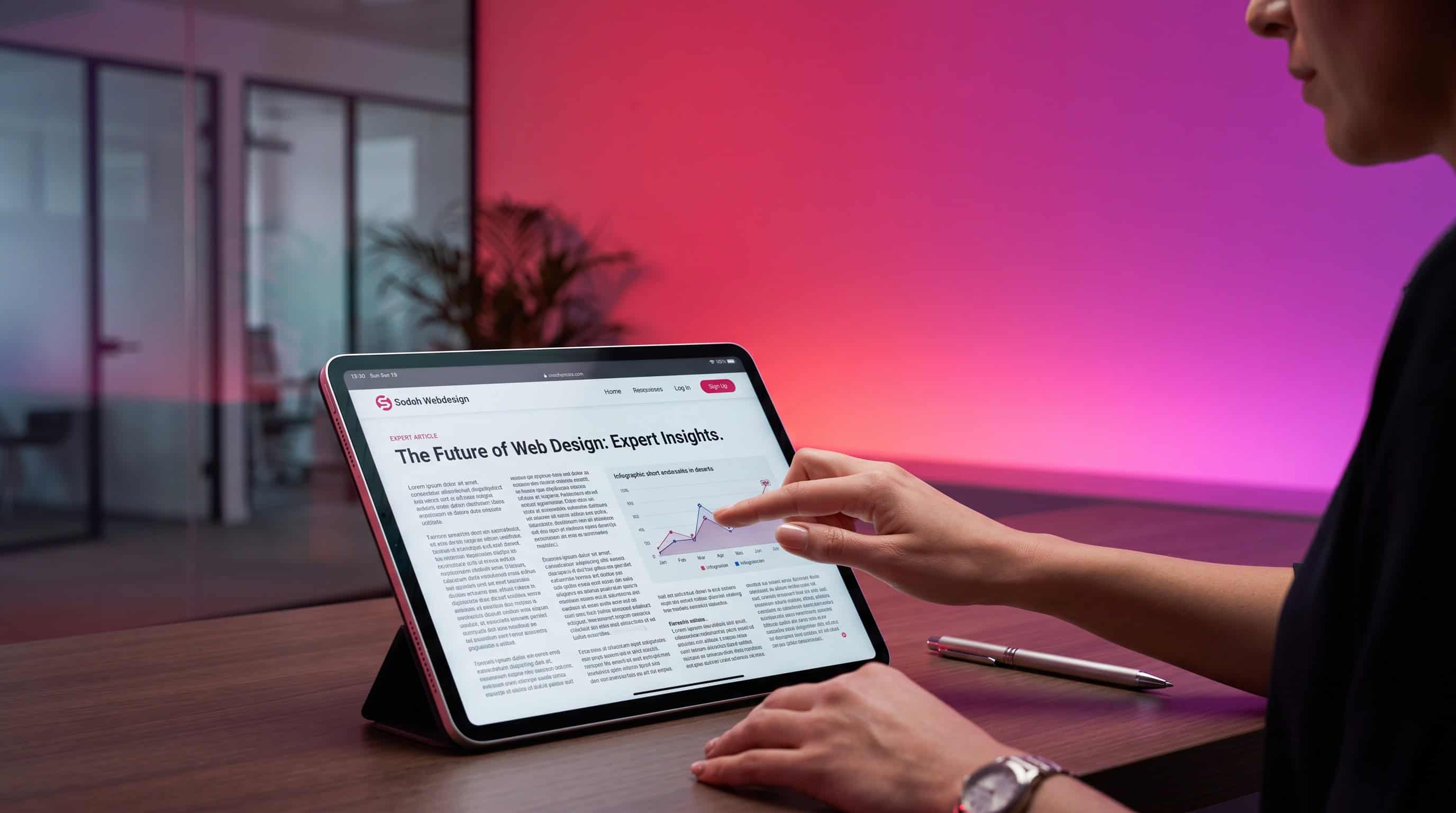 Eine Person analysiert auf einem Tablet eine Grafik zur Content-Performance für die SEO-Strategie.