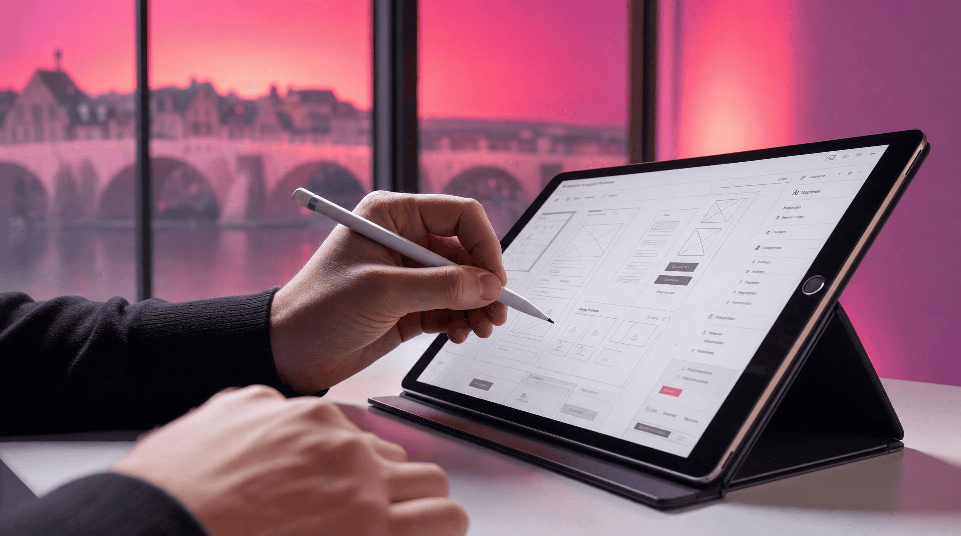 Hände zeichnen ein Webdesign-Layout auf einem Tablet, im Hintergrund Bad Kreuznach.