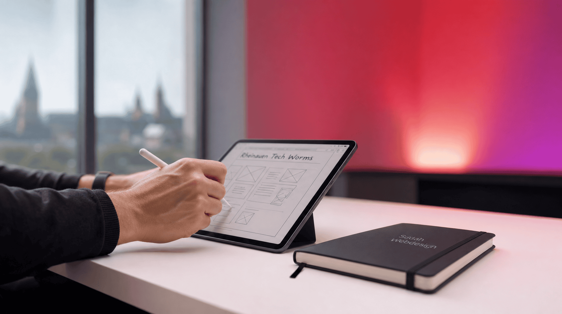 Webdesigner zeichnet Website-Layout auf Tablet, daneben ein Sodah Webdesign Notizbuch.