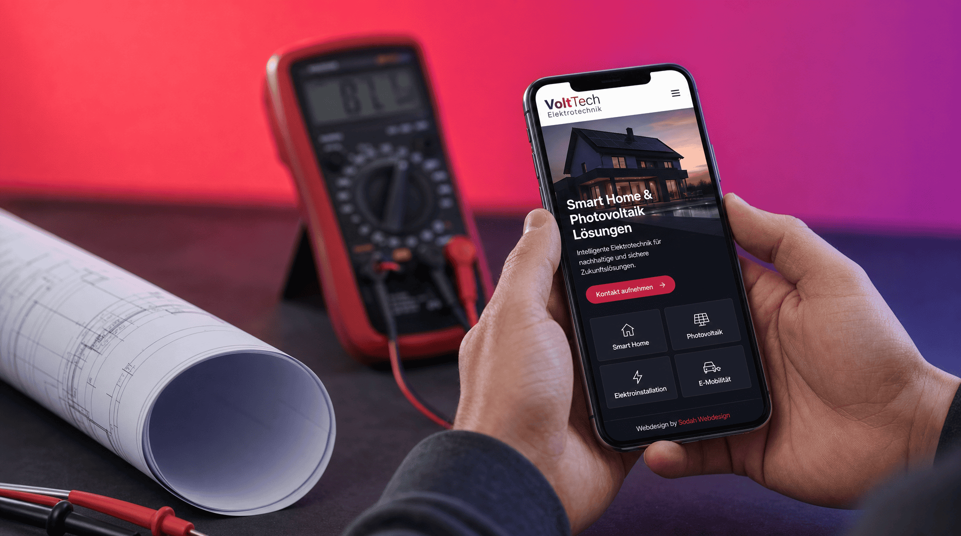 Webdesign Elektriker Smart Home Photovoltaik Hände halten Smartphone mit einer modernen Elektriker-Website. Im Hintergrund Baupläne und Multimeter.