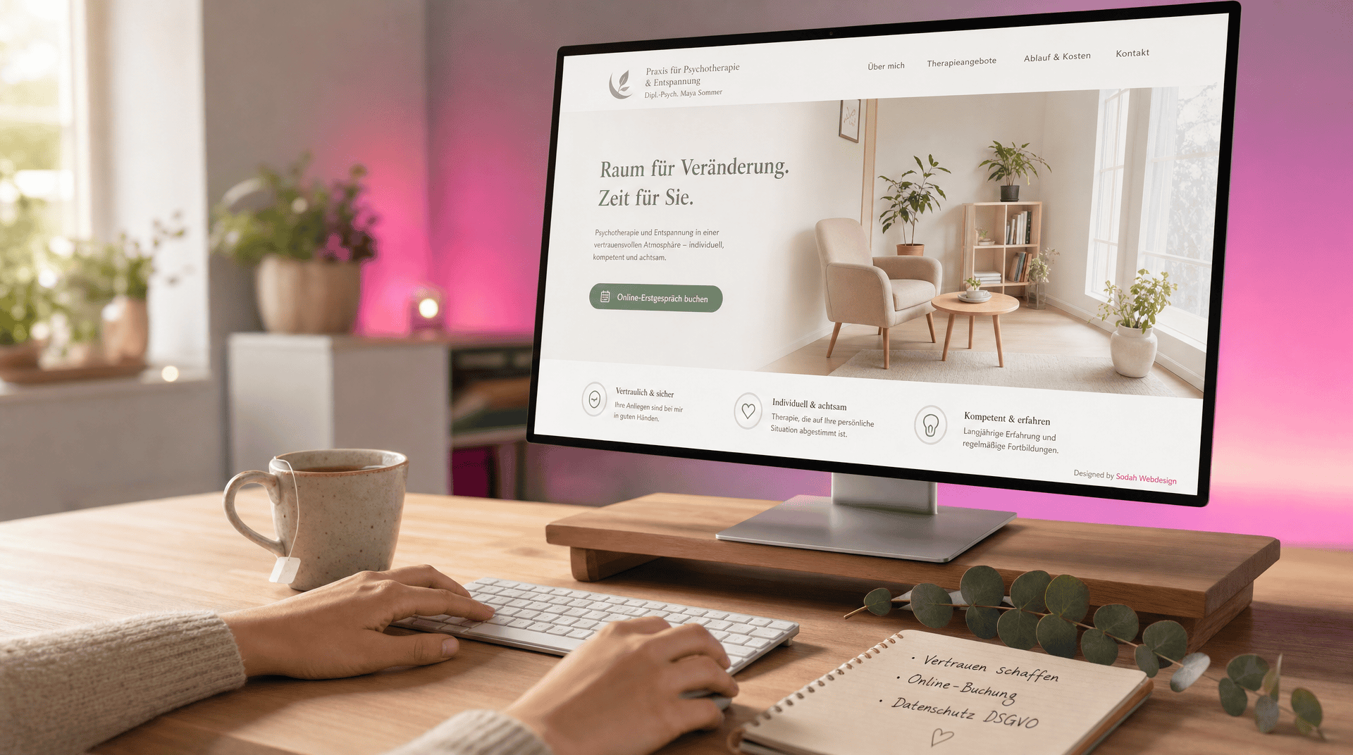 Person tippt an Computer mit Website einer Psychotherapiepraxis; Notizbuch mit 'Vertrauen schaffen'.