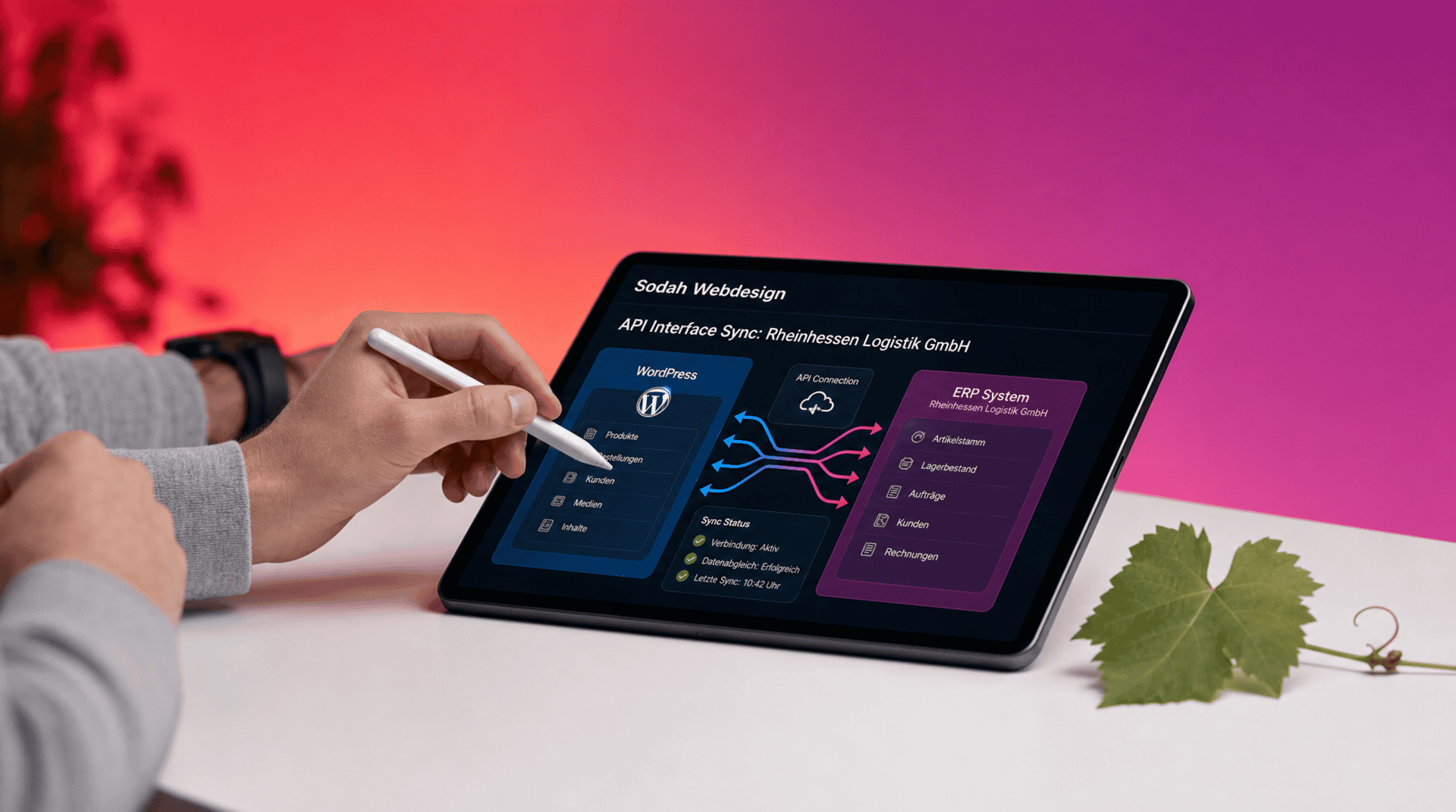 API Schnittstelle: WordPress und ERP System synchronisieren Tablet zeigt API-Schnittstellen-Synchronisation zwischen WordPress und ERP-System für die Rheinhessen Logistik GmbH.