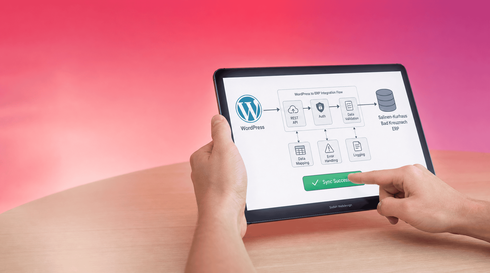 WordPress zu ERP Integration Flussdiagramm Diagramm zeigt WordPress zu ERP Integrationsfluss mit REST API, Auth, Datenvalidierung und Fehlerbehandlung.