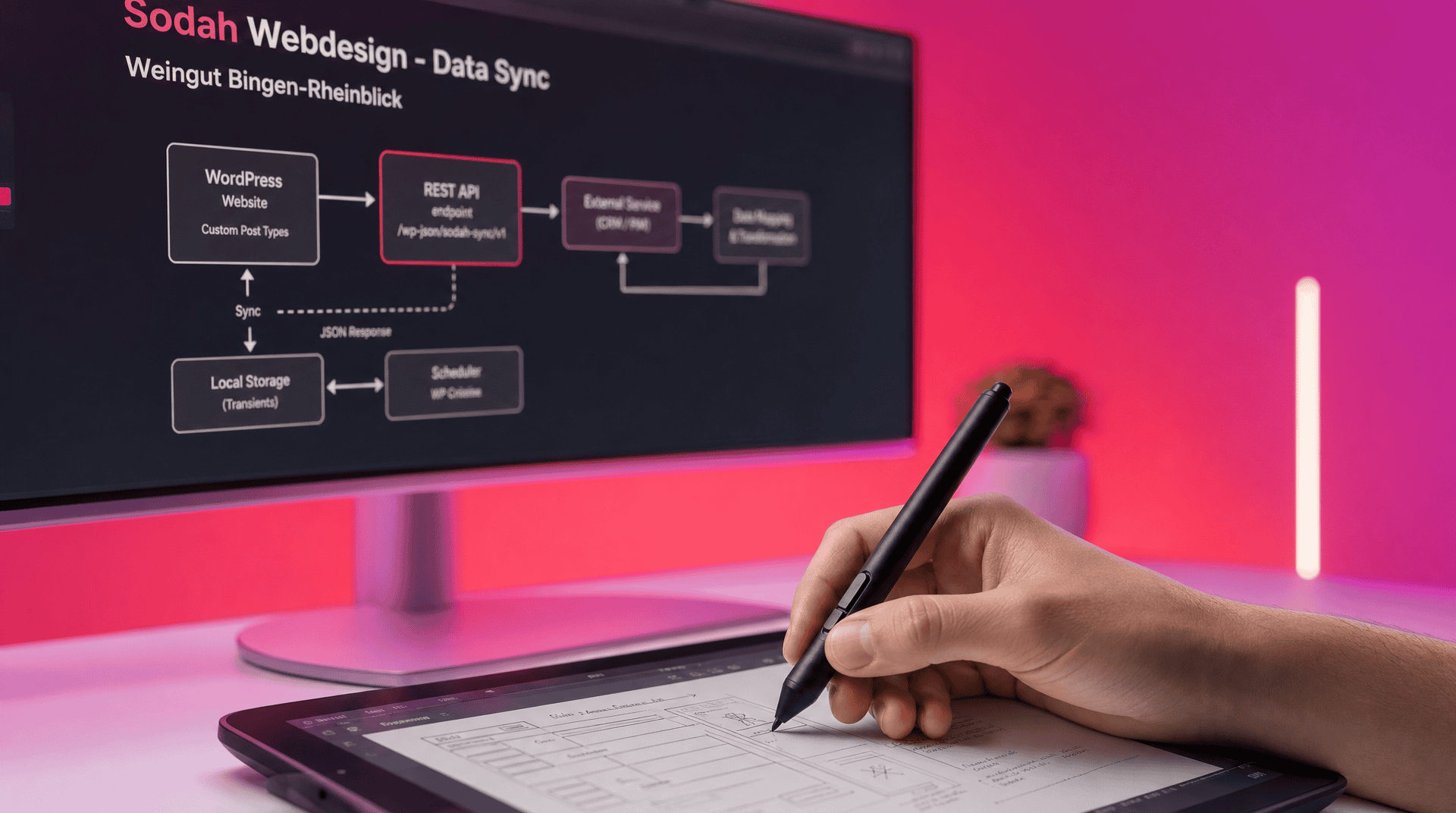 Datenflussdiagramm Webentwicklung Bingen Diagramm zeigt Datenfluss von WordPress Website über REST API zu externen Diensten und lokale Speicherung für Webentwicklung in Bingen.