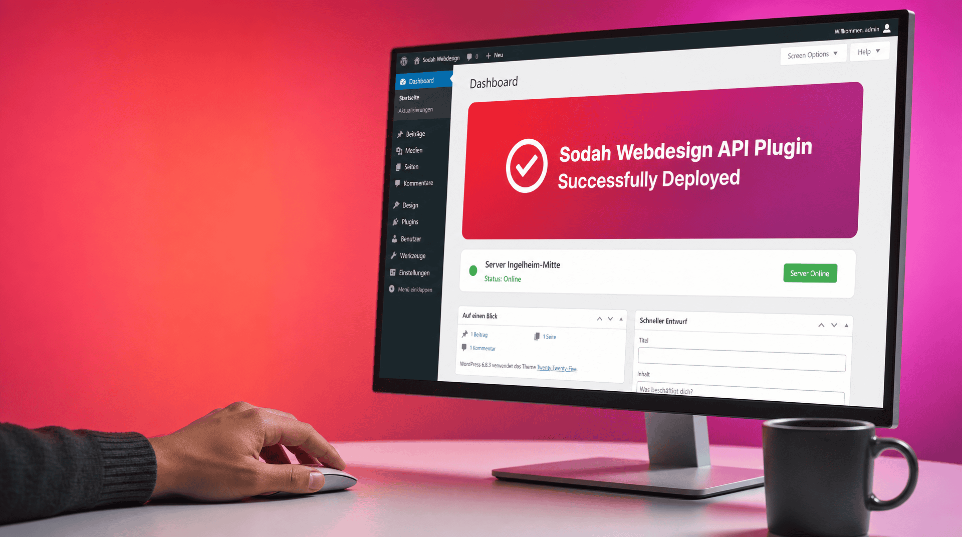 Sodah Webdesign API Plugin erfolgreich bereitgestellt Bildschirm mit WordPress Dashboard zeigt 'Sodah Webdesign API Plugin Successfully Deployed' und 'Server Ingelheim-Mitte Status: Online'.