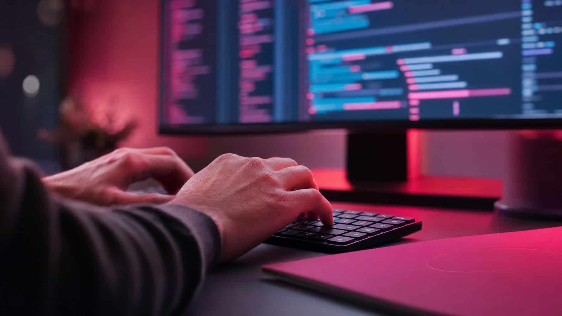 Ein Webentwickler programmiert Quellcode auf einer Tastatur vor einem leuchtenden Monitor.