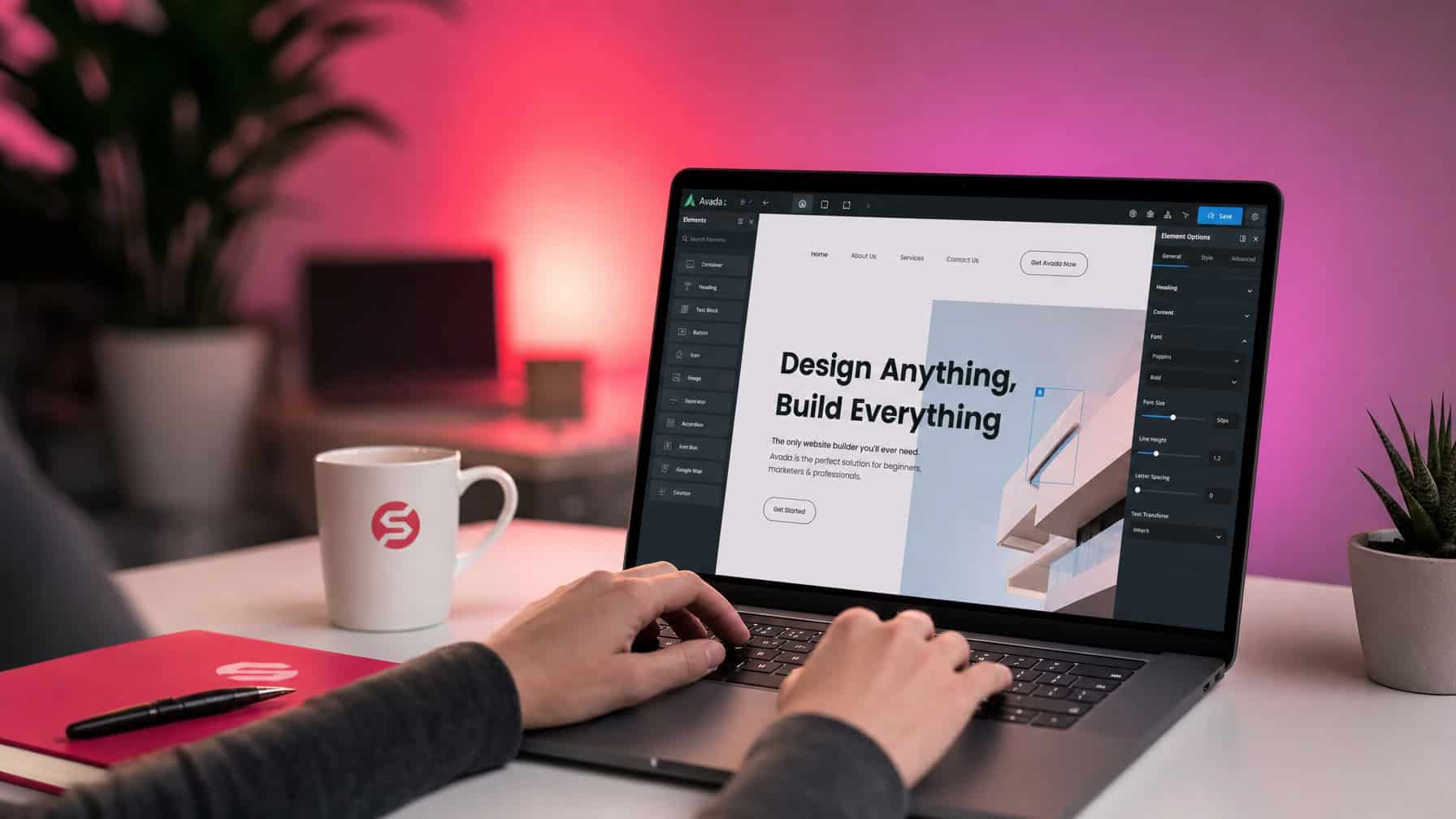 Ein Webdesigner erstellt ein modernes Website-Layout auf einem Laptop in einem Büro in Mainz.