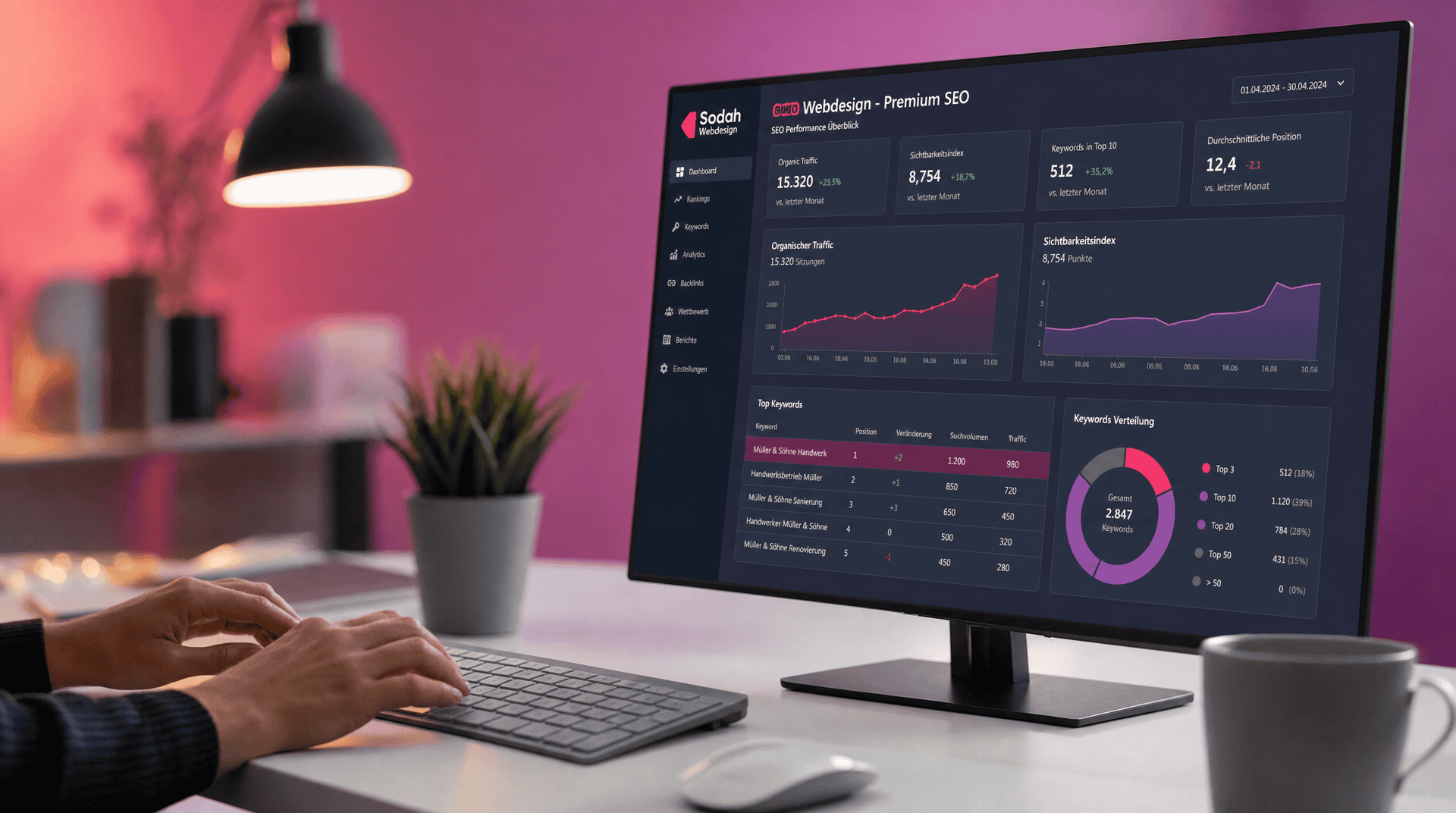 SEO Dashboard Performance Analyse Sodah Webdesign Hände tippen vor Monitor mit SEO-Dashboard von Sodah Webdesign, das Traffic und Rankings zeigt.
