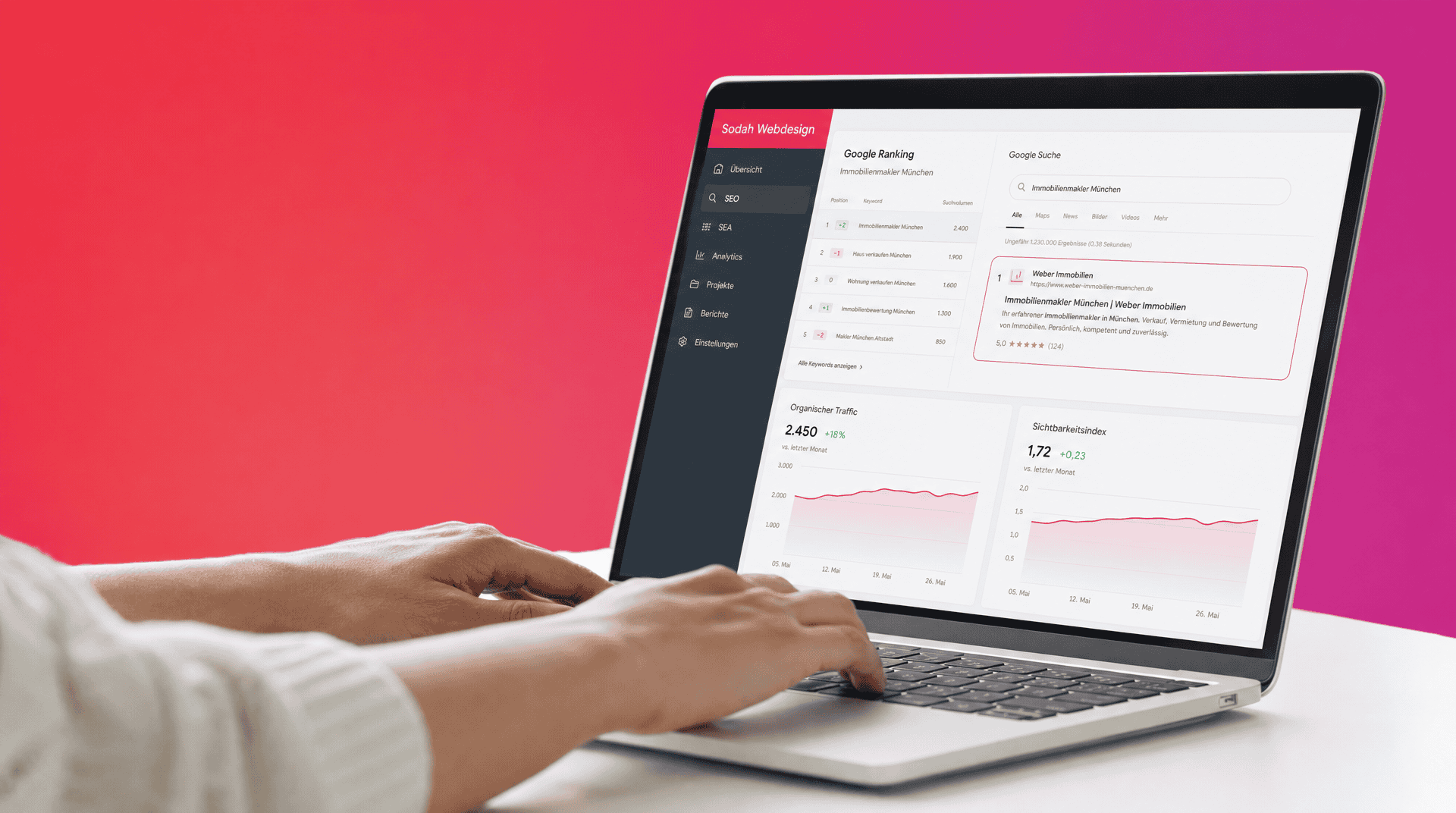 Person nutzt ein SEO-Dashboard am Laptop, das Rankings für Immobilienmakler zeigt.