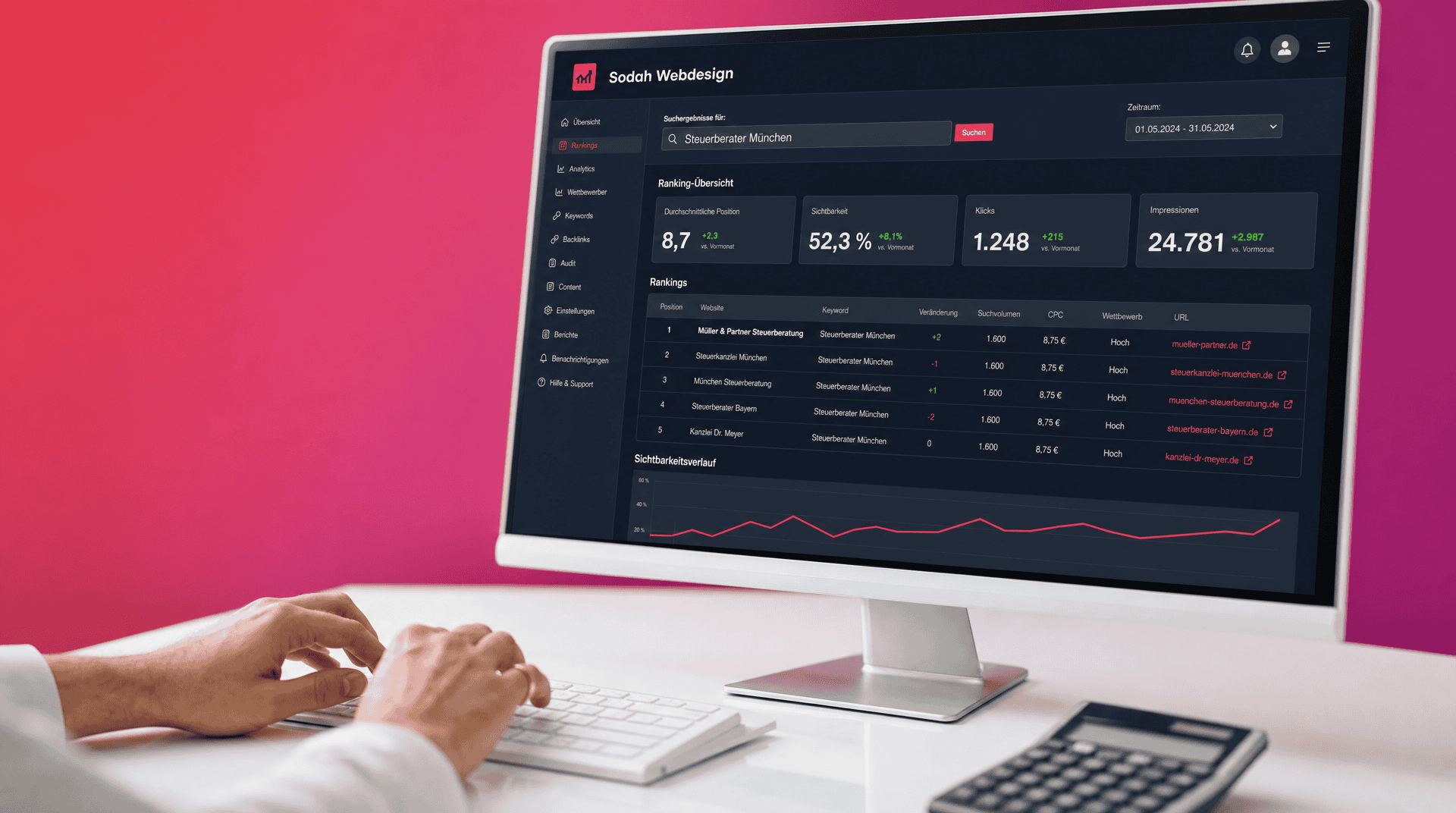 SEO Dashboard für Steuerberater Person am PC betrachtet ein SEO-Dashboard von Sodah mit Ranking-Daten für Steuerberater.