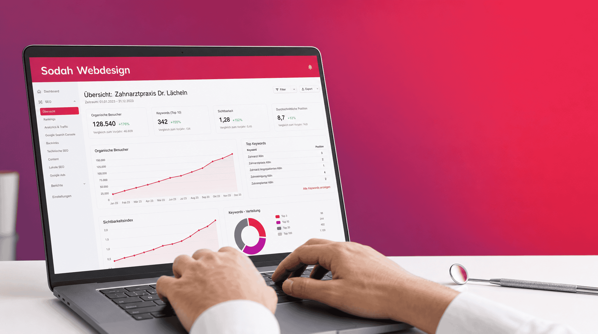 SEO Tracking Dashboard für Zahnärzte Laptop zeigt ein SEO-Dashboard für Zahnärzte mit steigenden Kurven. Daneben ein Zahnspiegel.